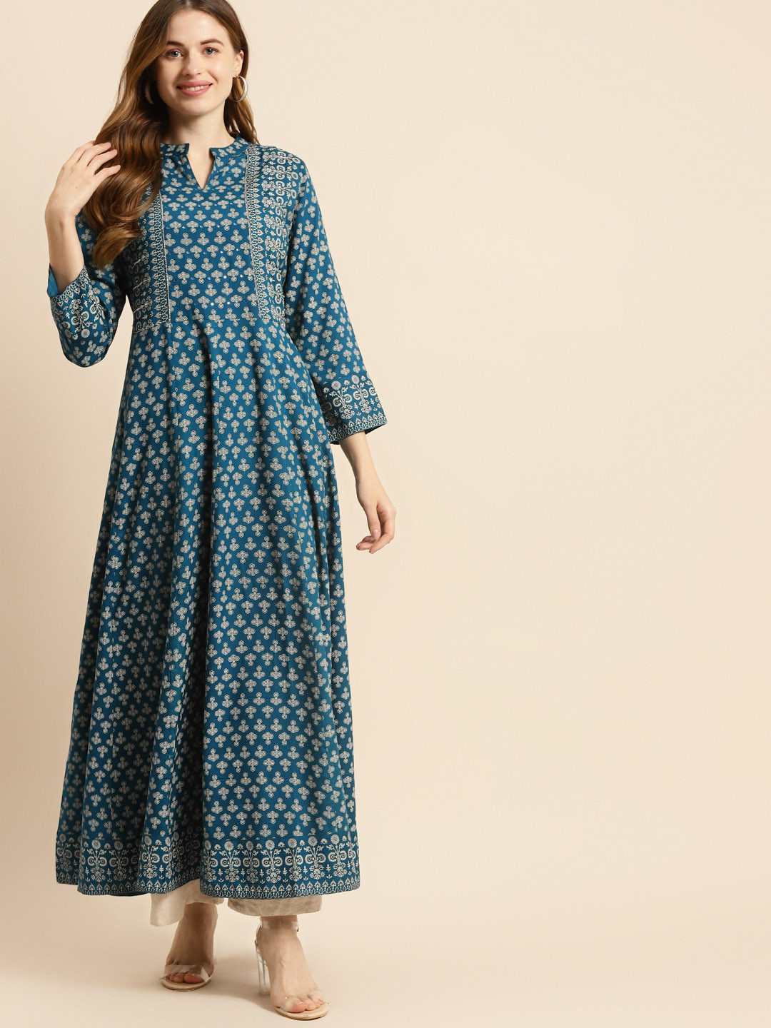 

Prakrti Women Teal & Grey Floral Print Beads & Mirror Work Anarkali Kurta