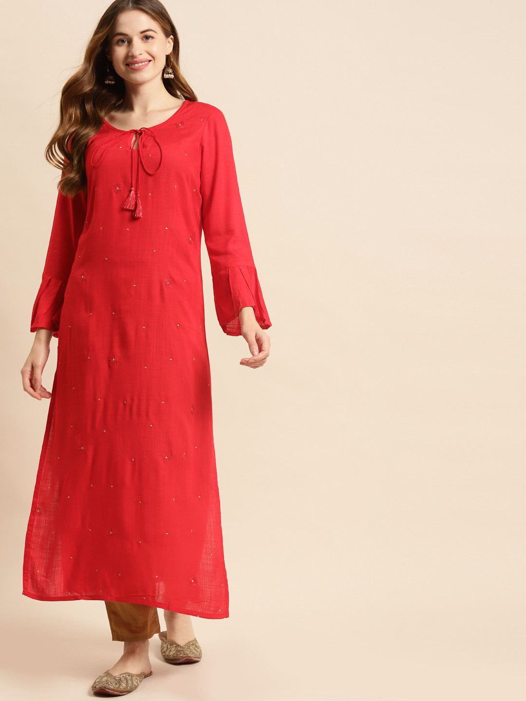 

Prakrti Women Red Floral Embroidered Bell Sleeves Kurta