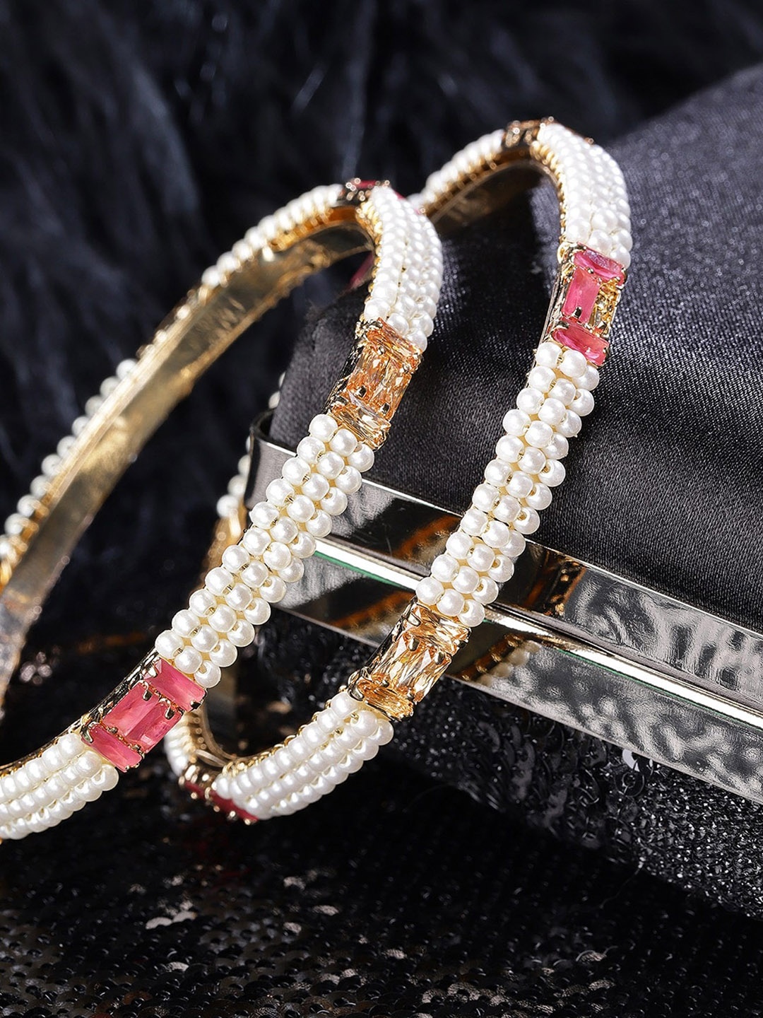 

Priyaasi Set Of 2 Gold-Plated Pink & White Pearl-Studded Bangles