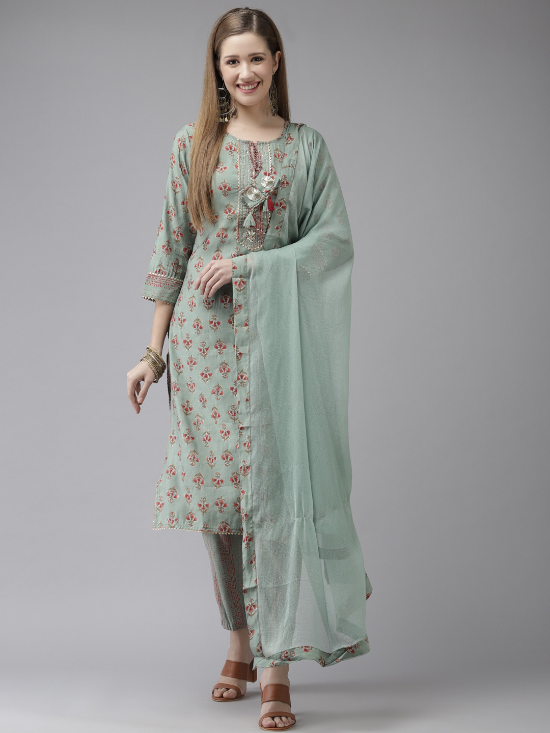

Ishin Women Green Ethnic Motifs Printed Regular Gotta Patti Kurta with Trousers & Dupatta