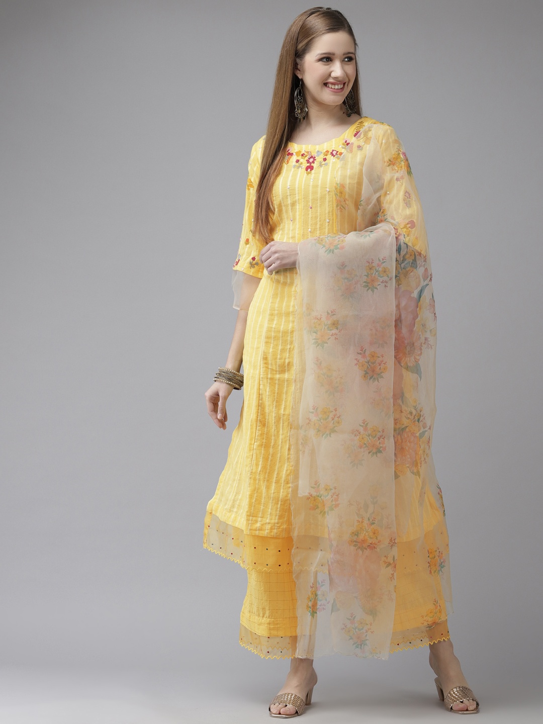 

Ishin Women Yellow Floral Embroidered Phulkari Kurta with Trousers & Dupatta