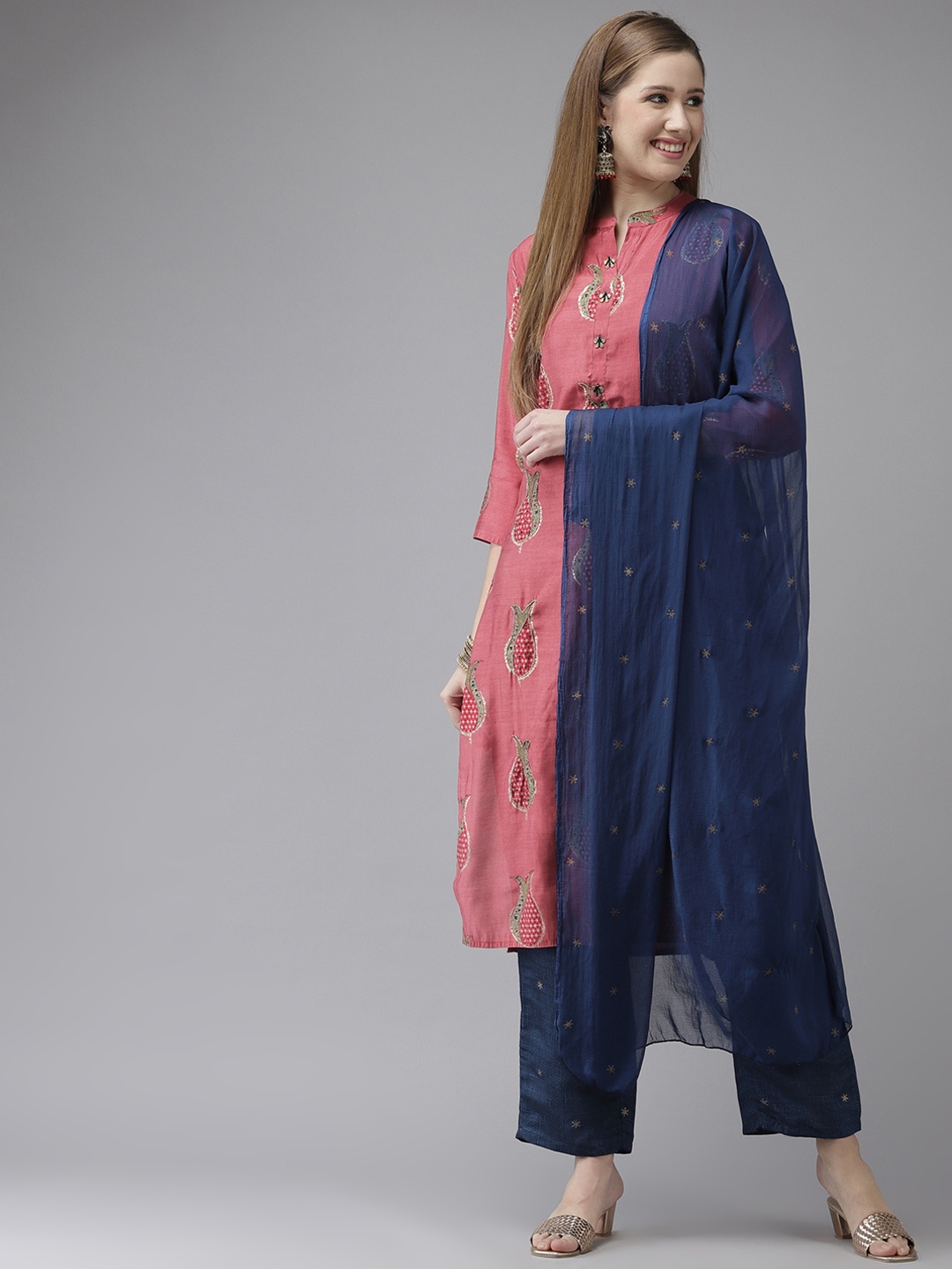 

Ishin Women Rose Pink Paisley Self-Design Beads and Stones Kurta with Palazzos & Dupatta