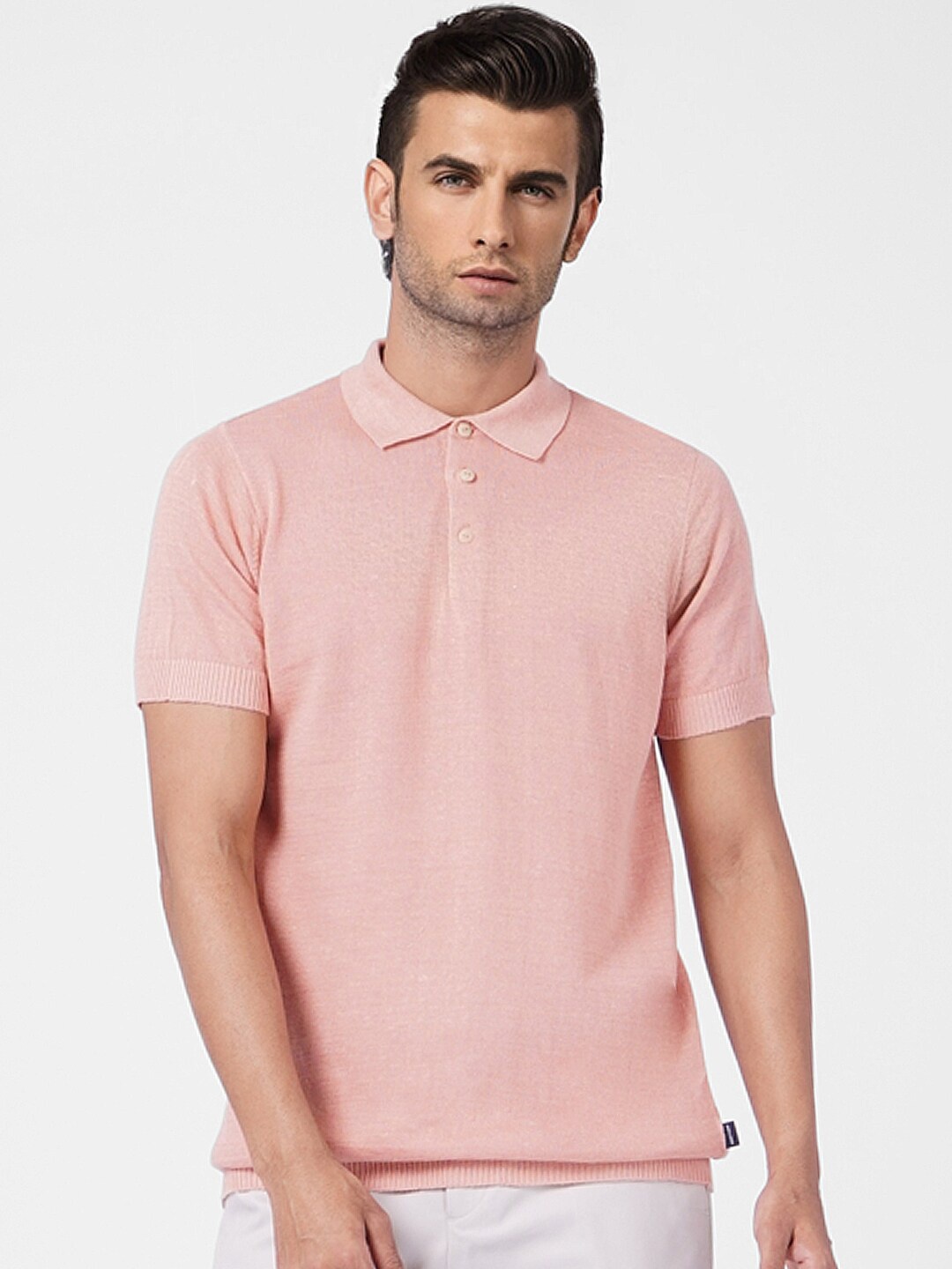 Jack & Jones Men Peach Solid Polo Collar Linen Blend T-shirt