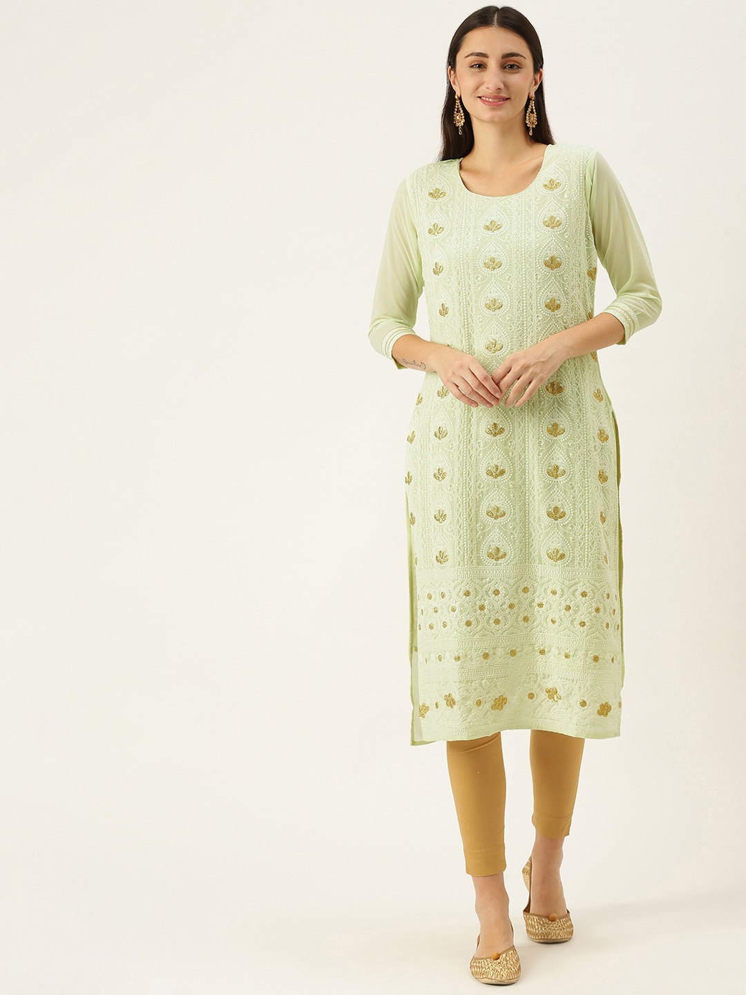 

SWAGG INDIA Women Green Ethnic Motifs Chikankari Embroidered Kurta