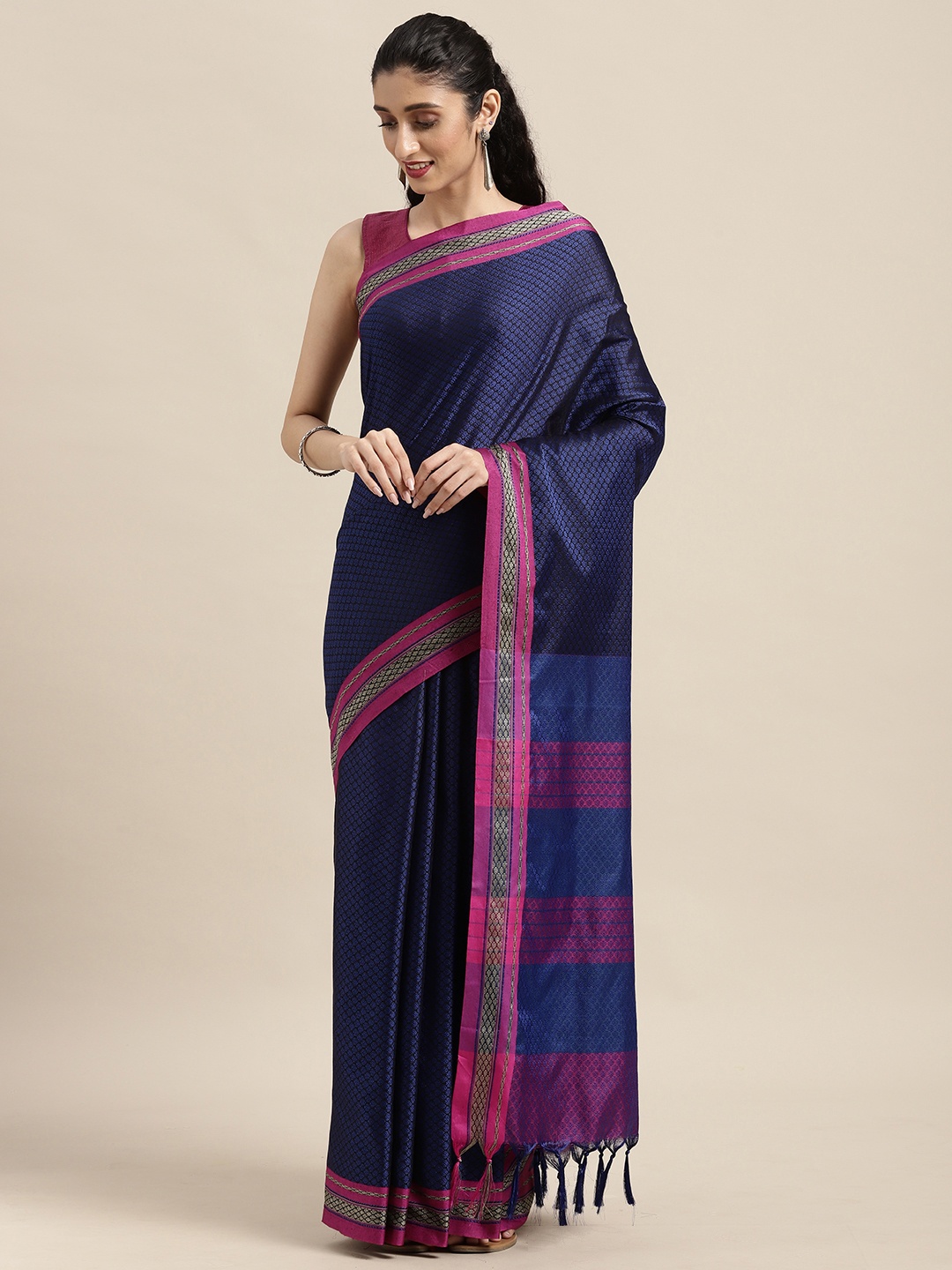 

Mitera Navy Blue Silk Cotton Maharastrian Banarasi Saree