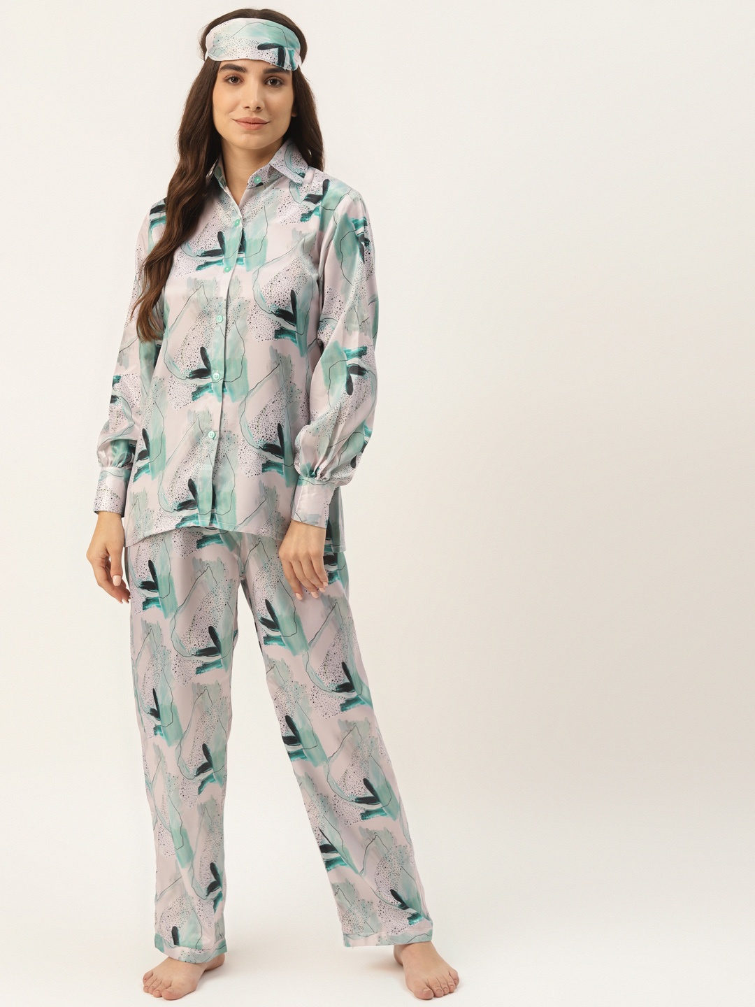 

Rapra The Label Women Off White & Green Abstract Print Satin Pyjama set