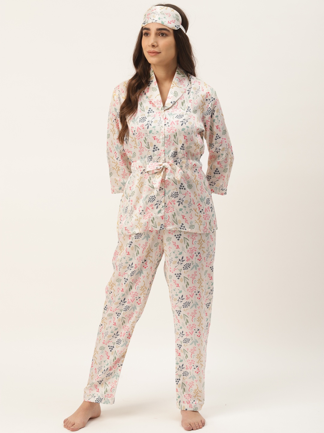 

Rapra The Label Women Cream-Coloured & Pink Floral Print Satin Pyjama Set