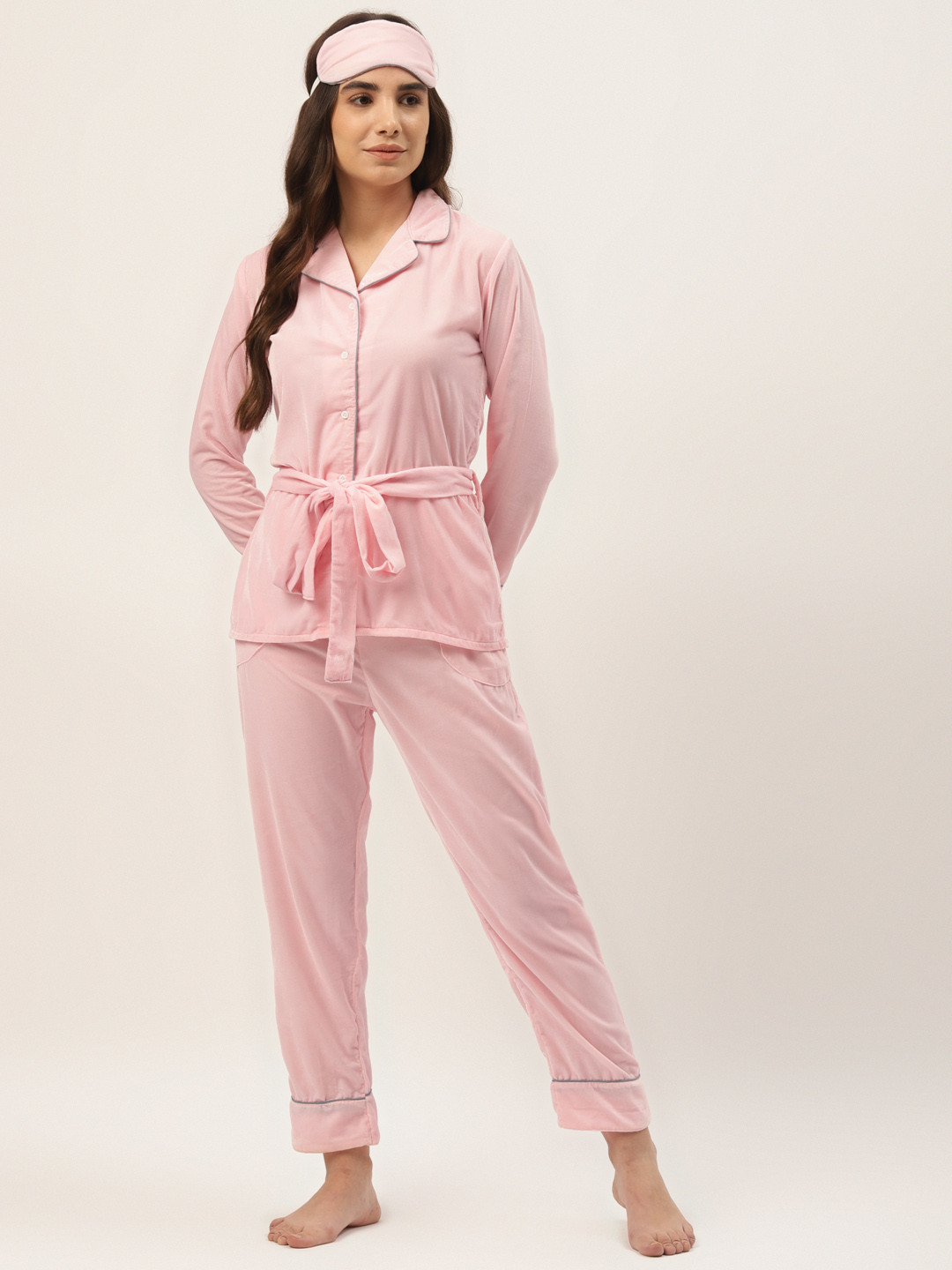 

Rapra The Label Women Pink Solid Velvet Belted Pyjama Set