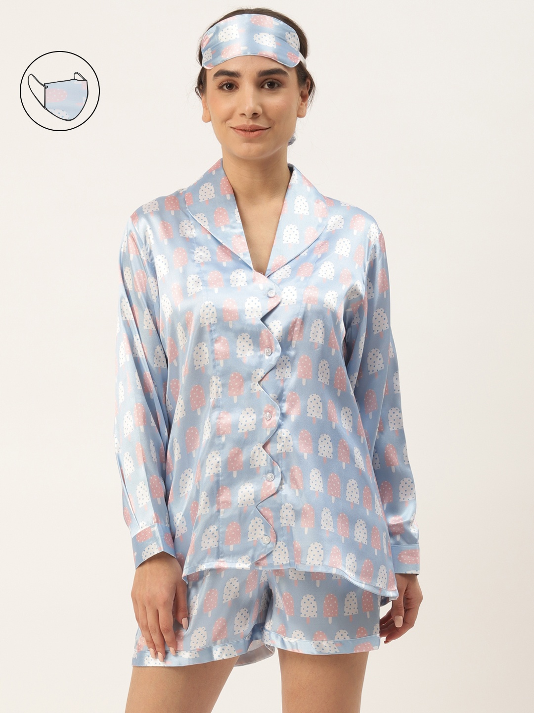 

Rapra The Label Women 6 Pcs Blue & Pink Conversational Print Satin Shorts Set
