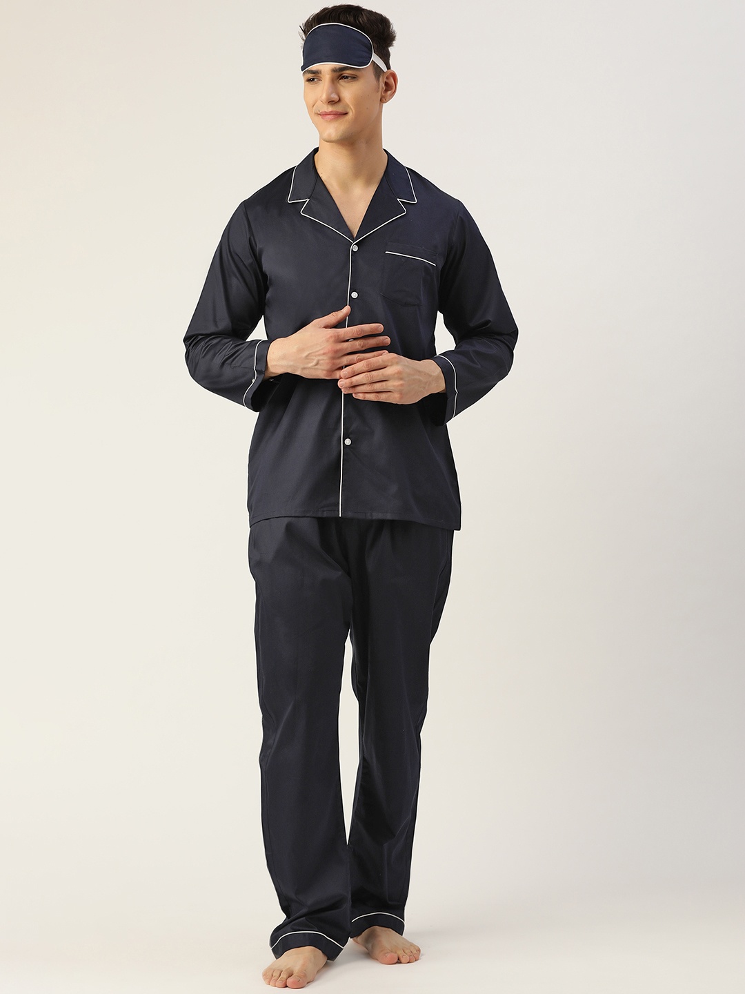 

Rapra The Label Men Navy Blue Solid Pure Cotton Pyjamas Set with Sleeping Eye Mask