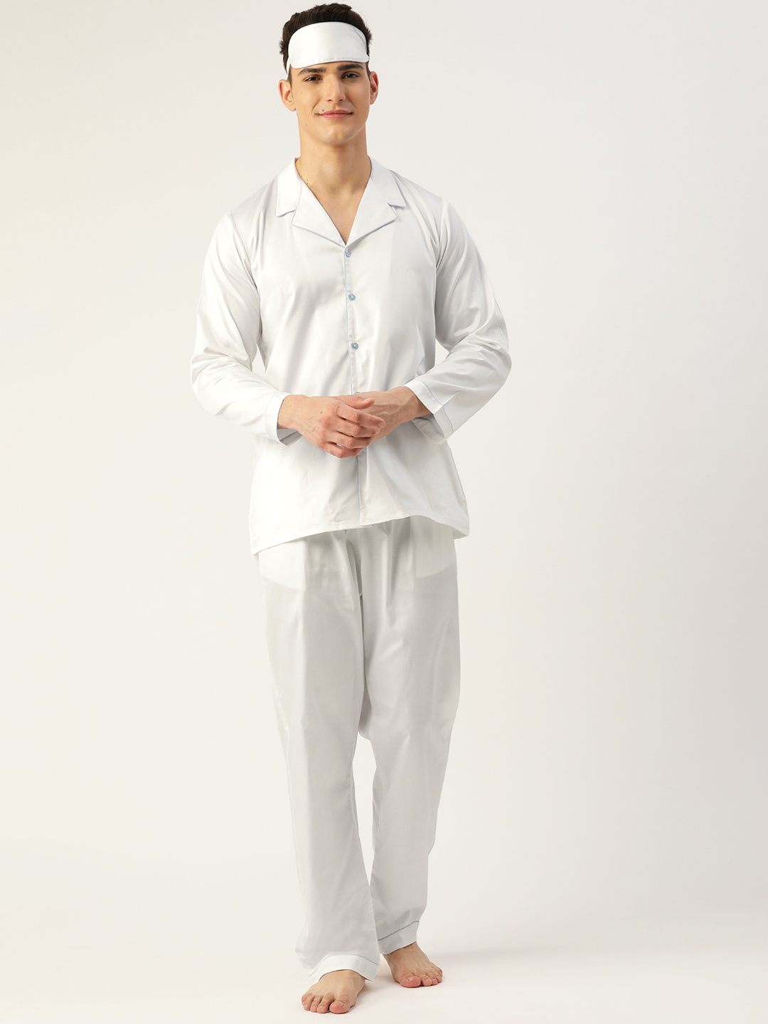 

Rapra The Label Men White Solid Pure Cotton Pyjamas Set with Sleeping Eye Mask