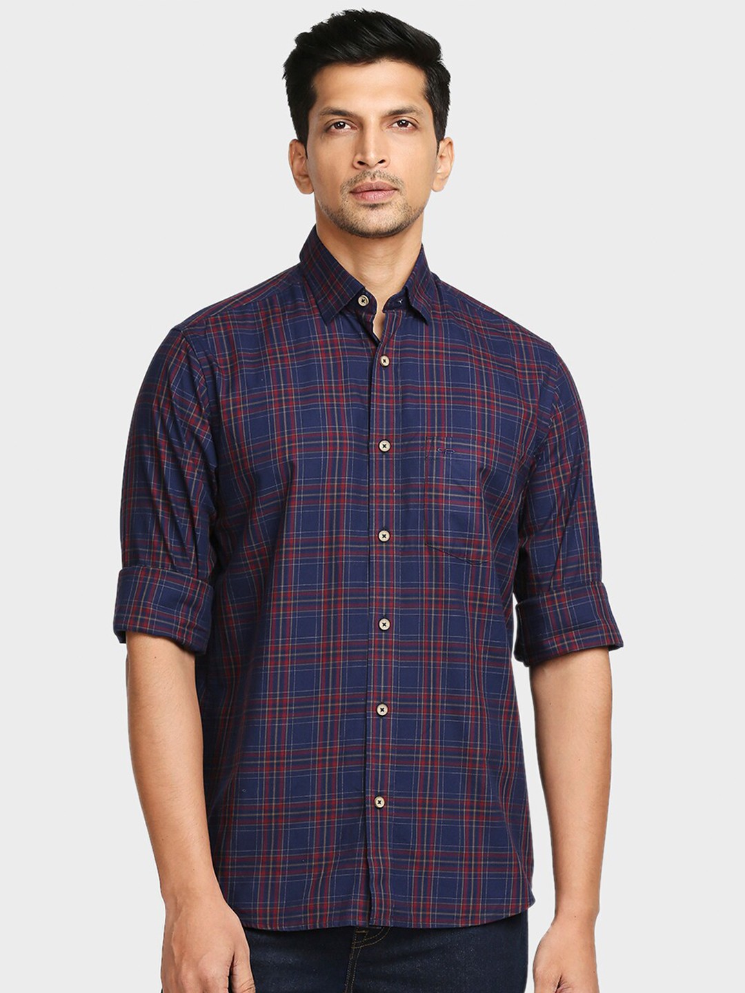 

ColorPlus Men Blue Tailored Fit Opaque Checked Casual Shirt