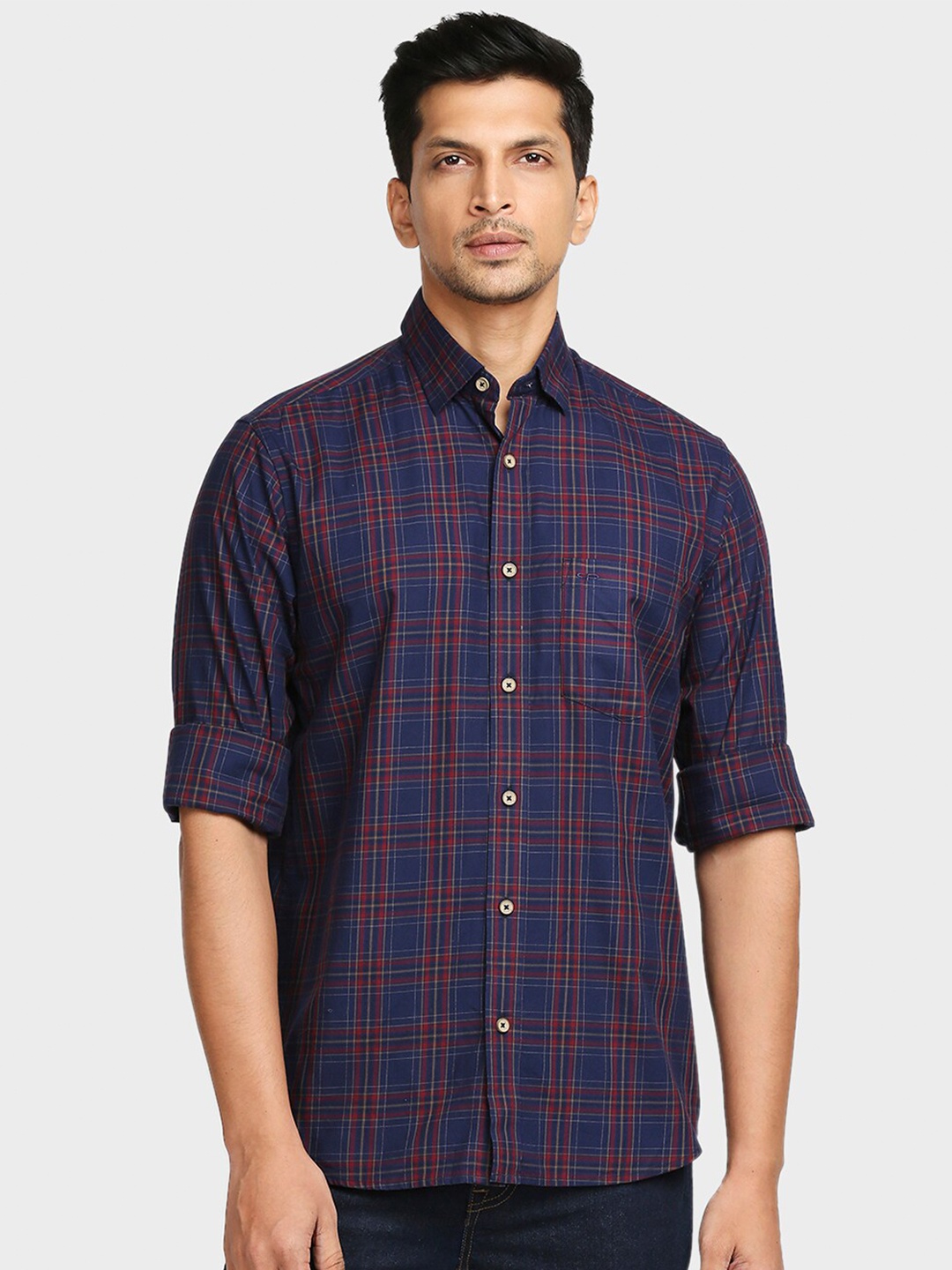 

ColorPlus Men Navy Blue & Maroon Tailored Fit Tartan Checks Opaque Cotton Casual Shirt