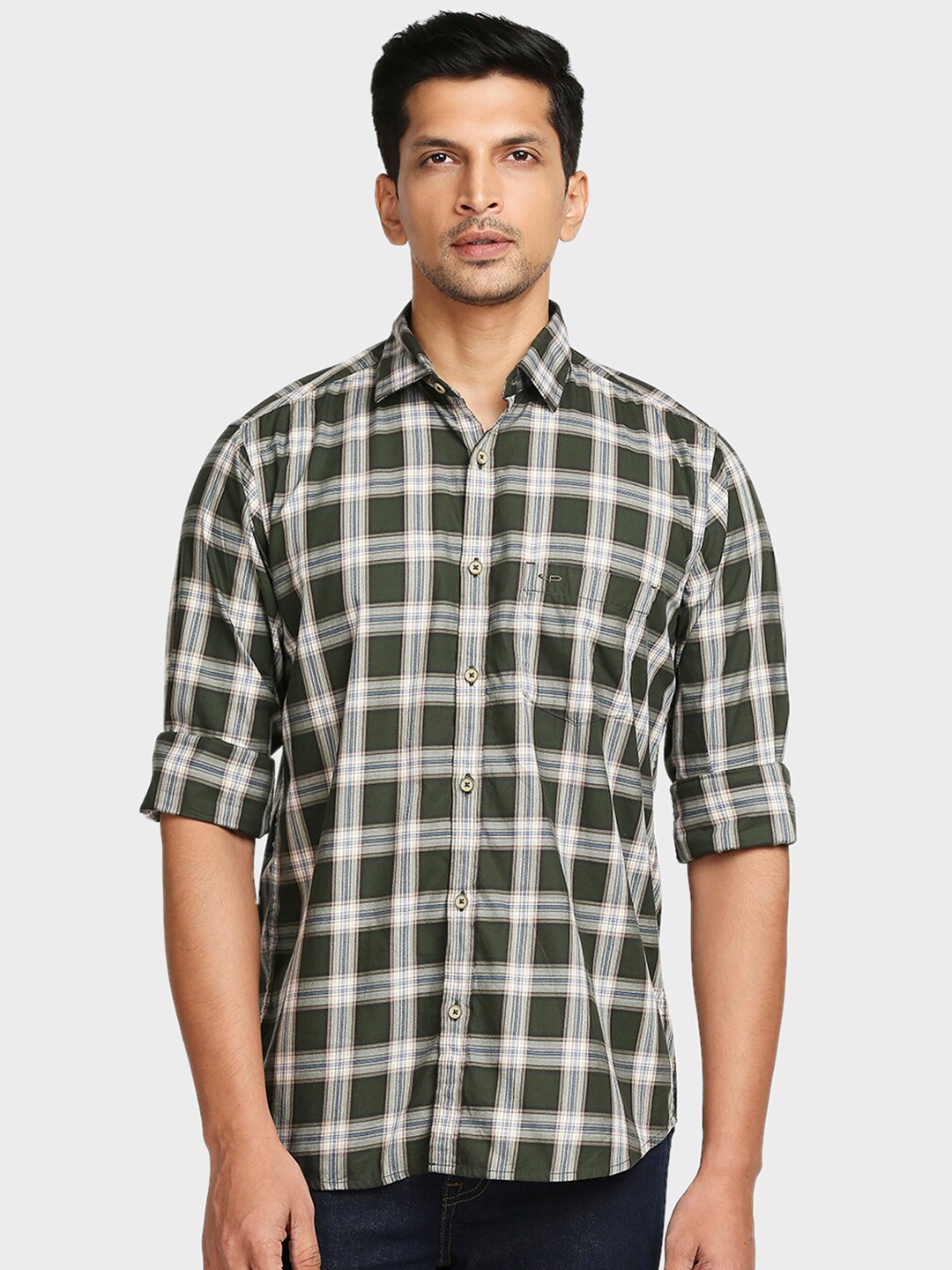 

ColorPlus Men Green Tailored Fit Opaque Checked Casual Shirt
