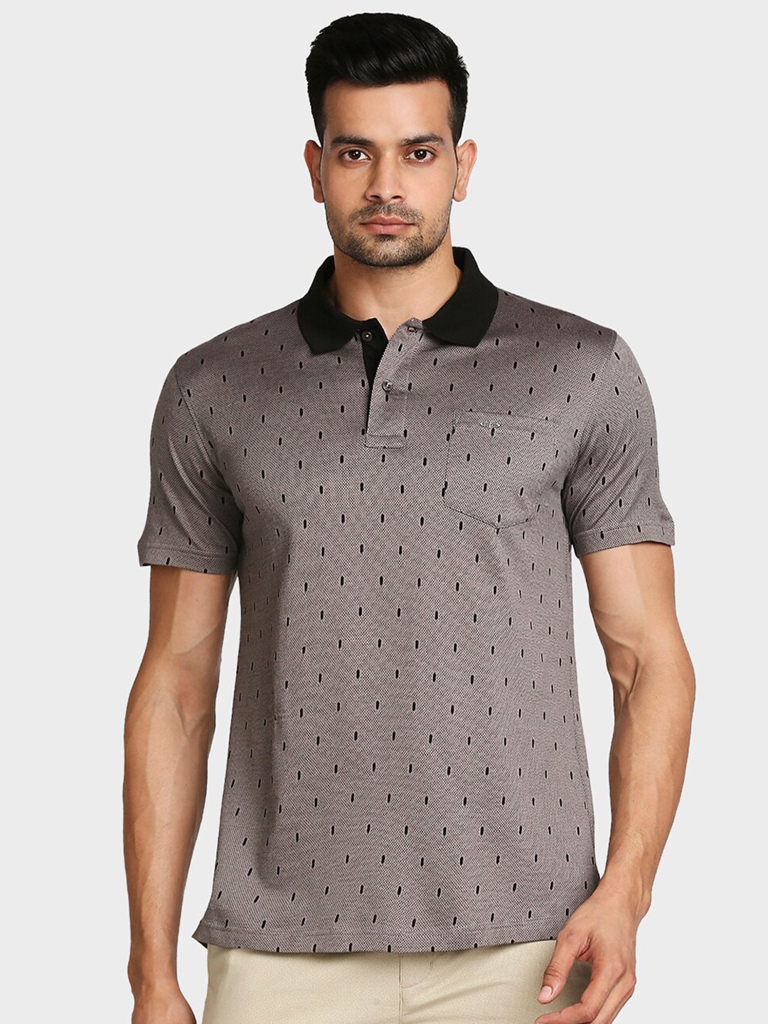 

ColorPlus Men Grey & Black Printed Polo Collar T-shirt