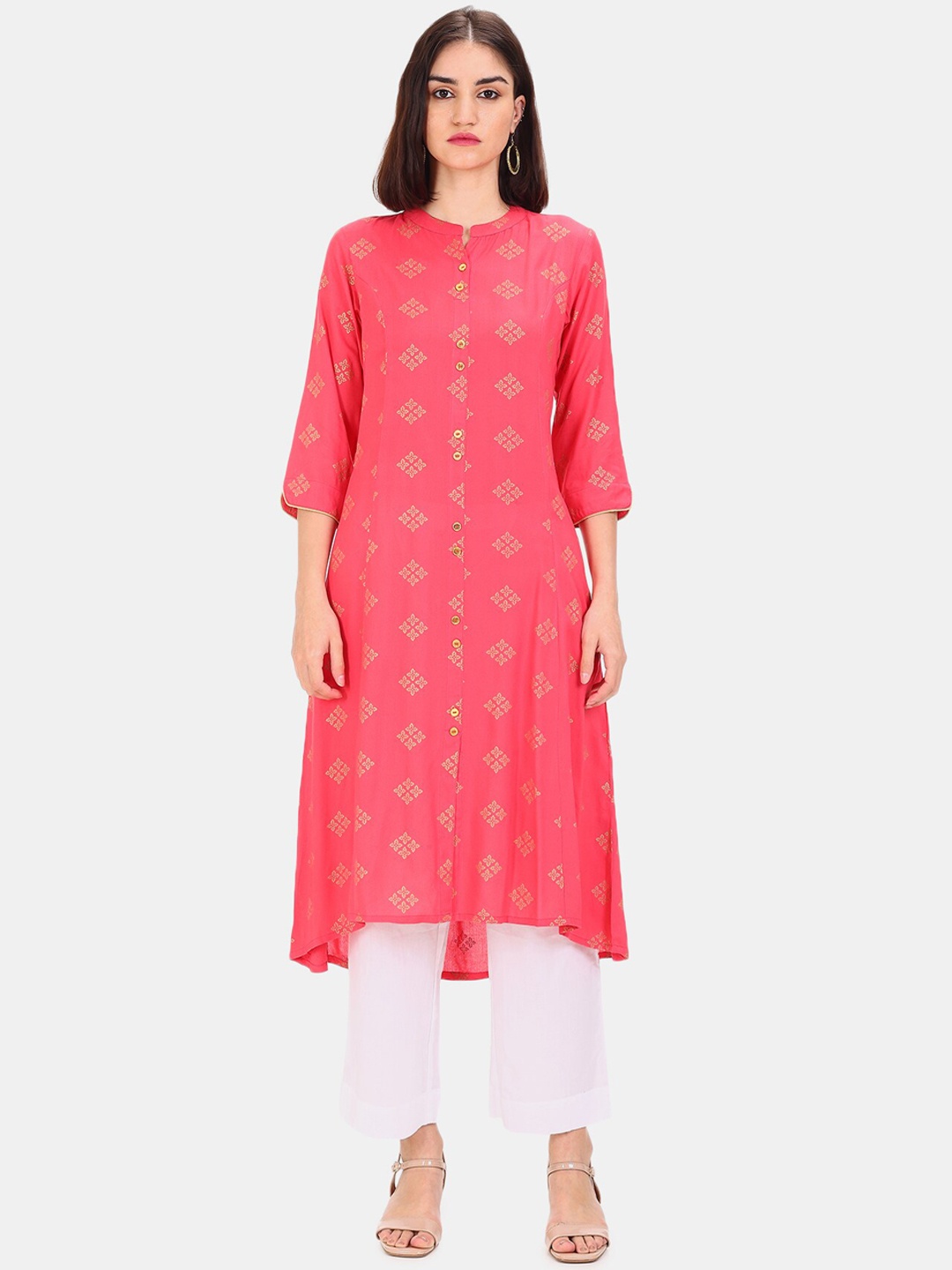 

Karigari Women Pink Ethnic Motifs Printed Mirror Work Kurta