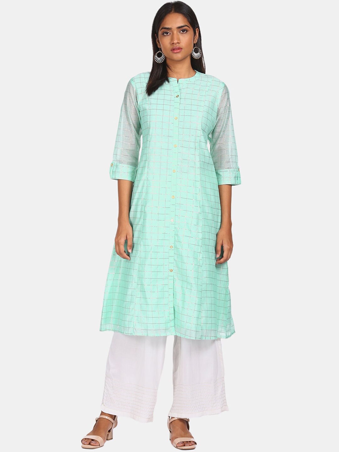 

Karigari Women Turquoise Blue Checked Kurta