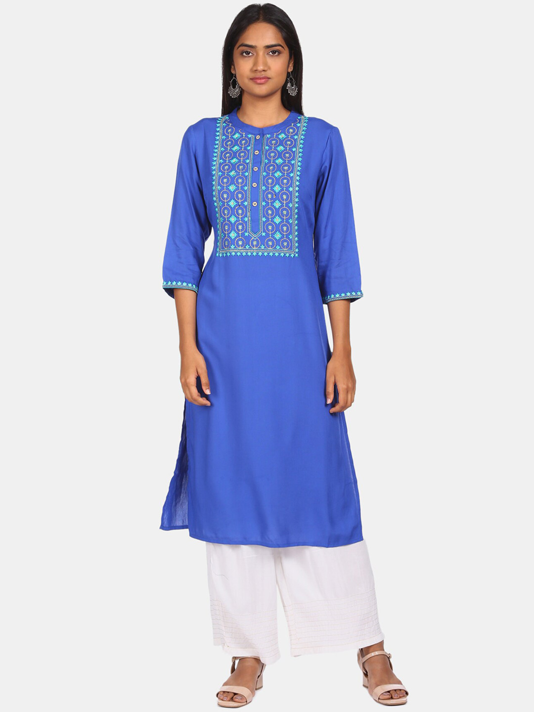 

Karigari Women Blue & Gold-Toned Yoke Design Kurta