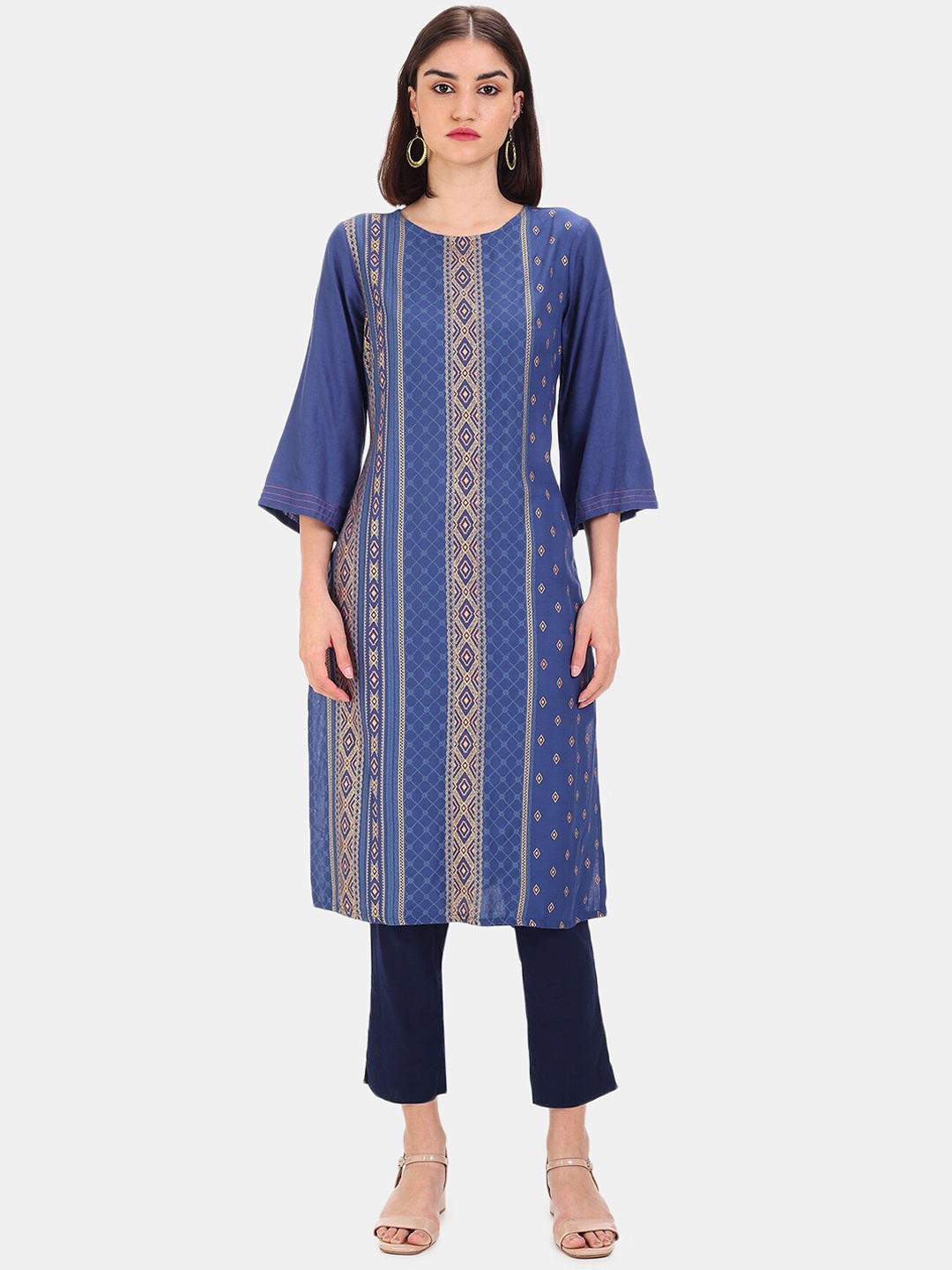 

Karigari Women Blue Ethnic Motifs Printed Thread Work Kurta