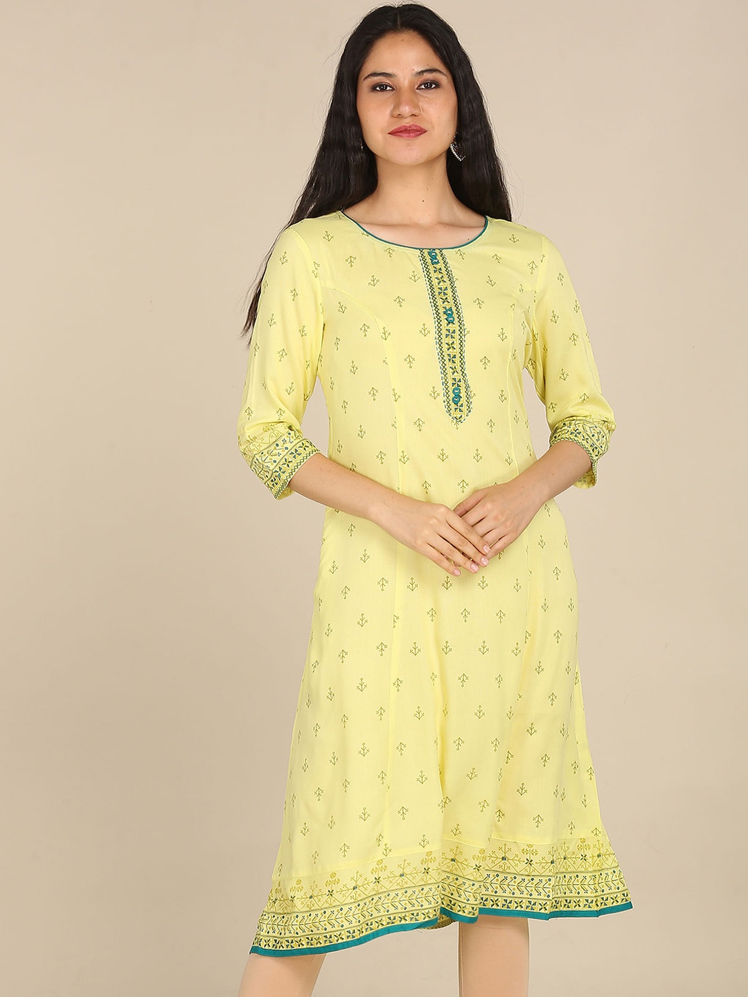 

Karigari Women Yellow & Blue Ethnic Motifs Printed Thread Work Kurta