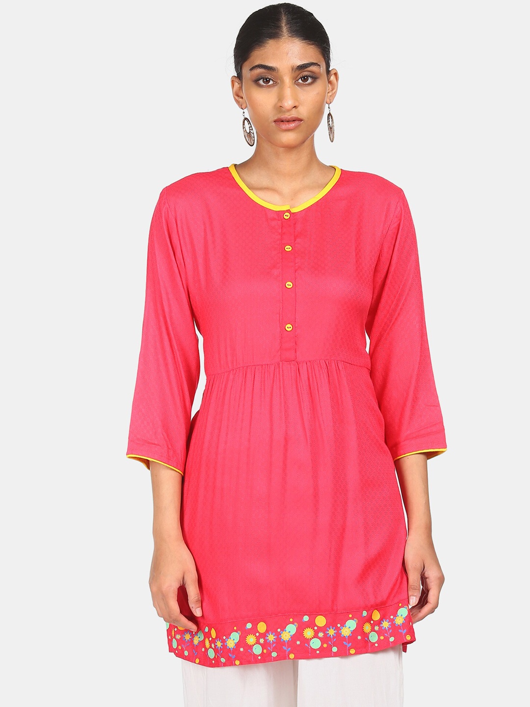 

Karigari Women Pink & Yellow Woven Design Kurti