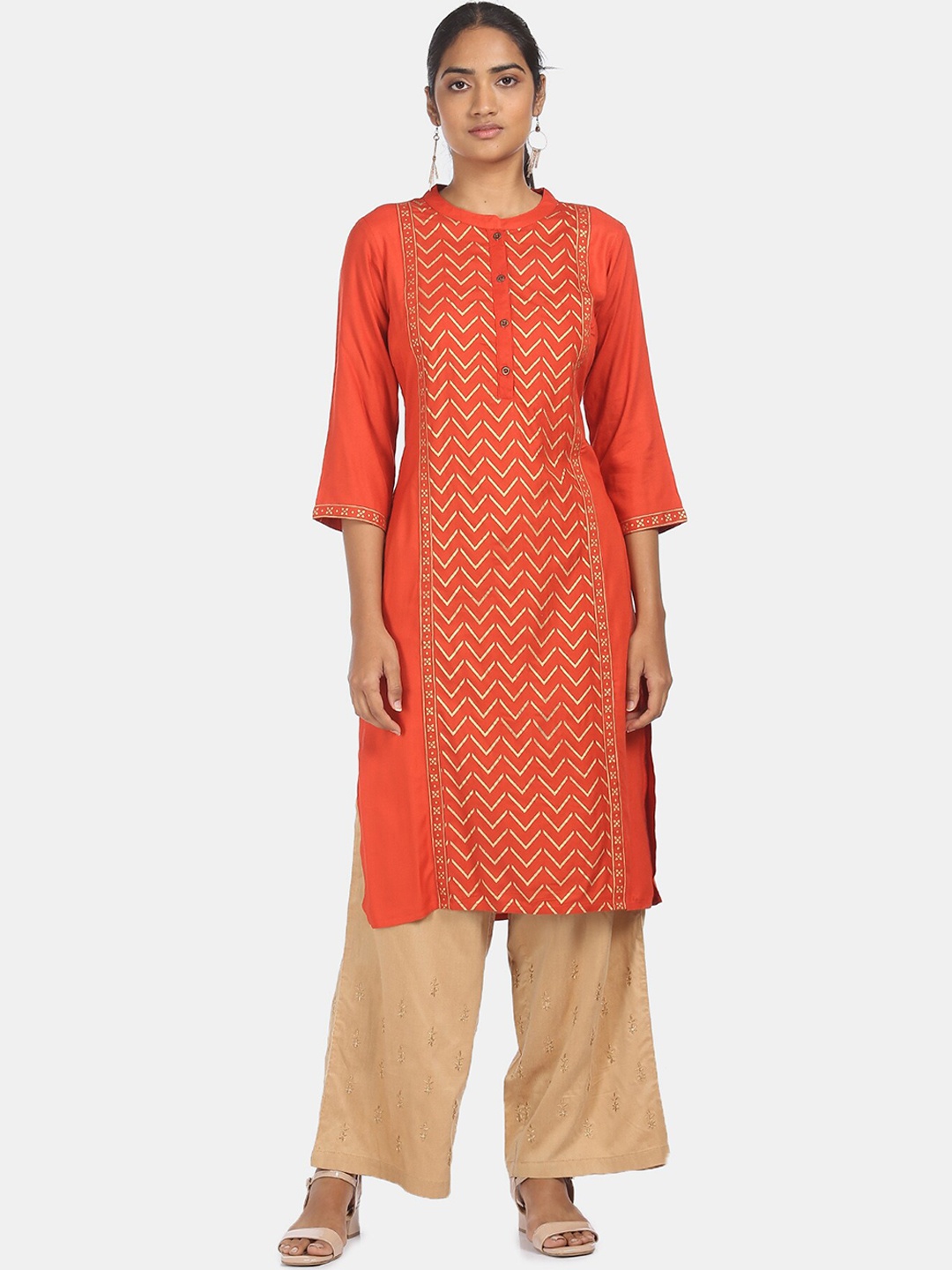 

Karigari Women Orange Chevron Printed Kurta