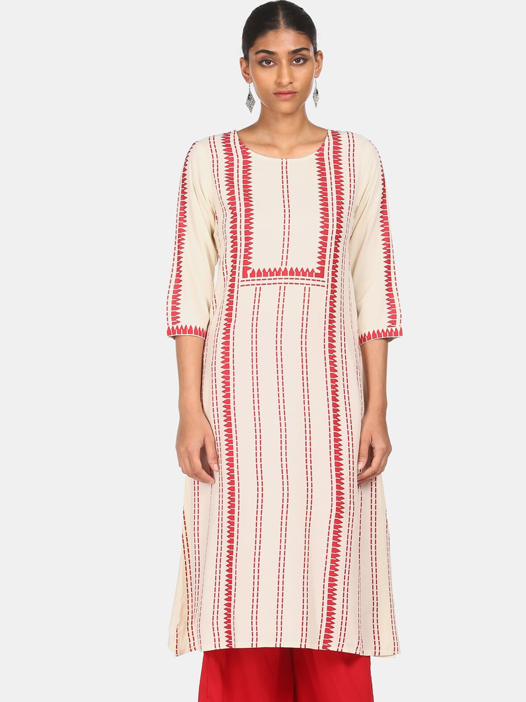 

Karigari Women Cream-Coloured & Red Geometric Printed Kurta