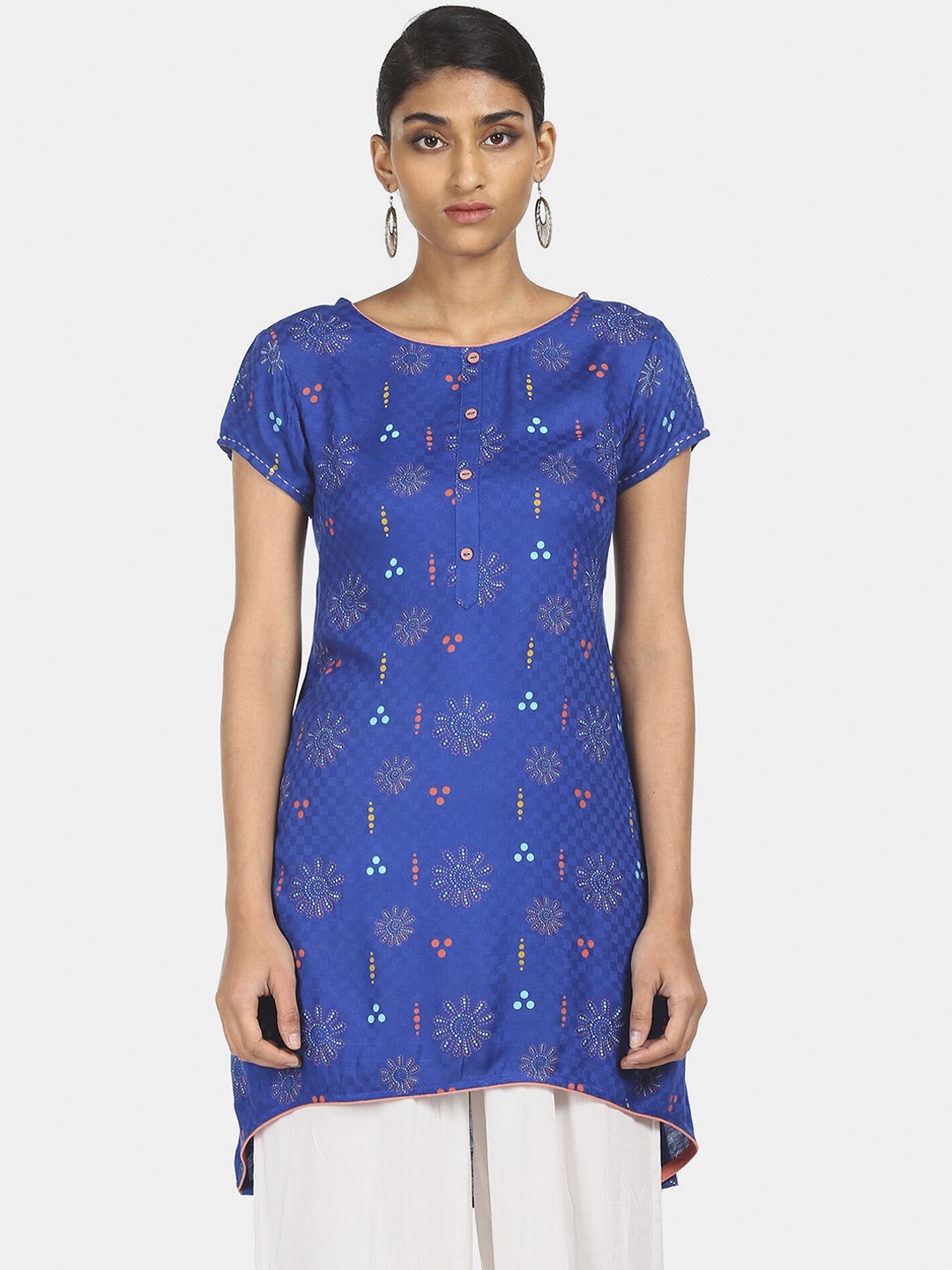 

Karigari Women Blue Ethnic Motifs Printed Keyhole Neck Mirror Work Kurta