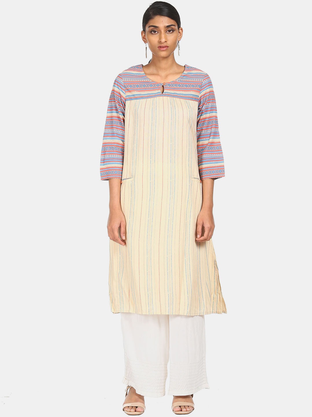 

Karigari Women Beige & Blue Striped Keyhole Neck Thread Work Kurta