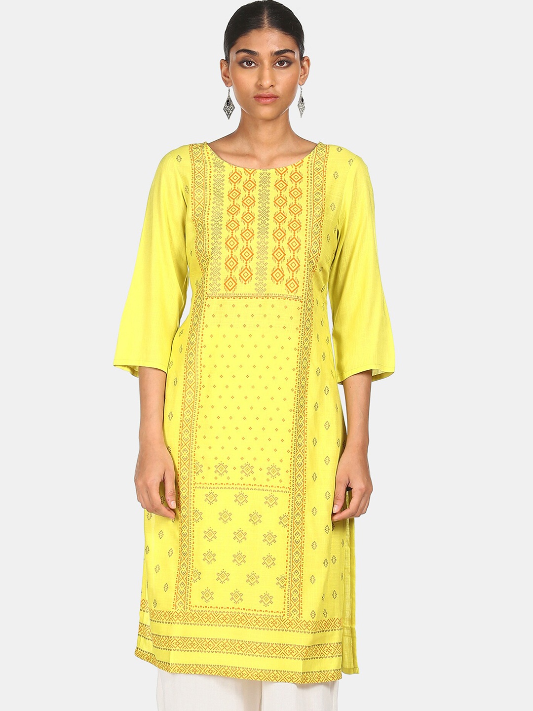 

Karigari Women Yellow Ethnic Motifs Embroidered Flared Sleeves Kurta