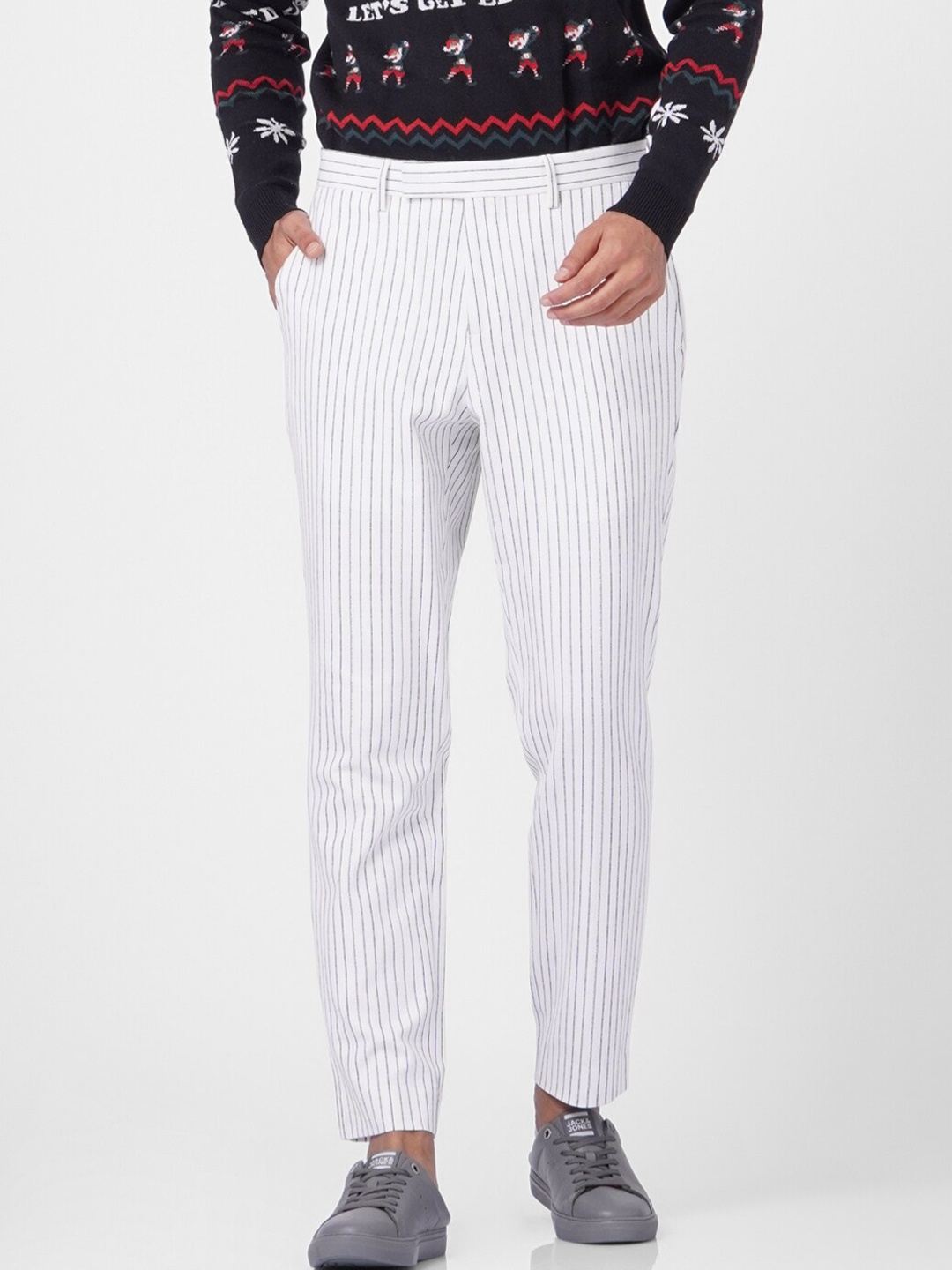 

Jack & Jones Men White & Black Striped Low-Rise Trousers