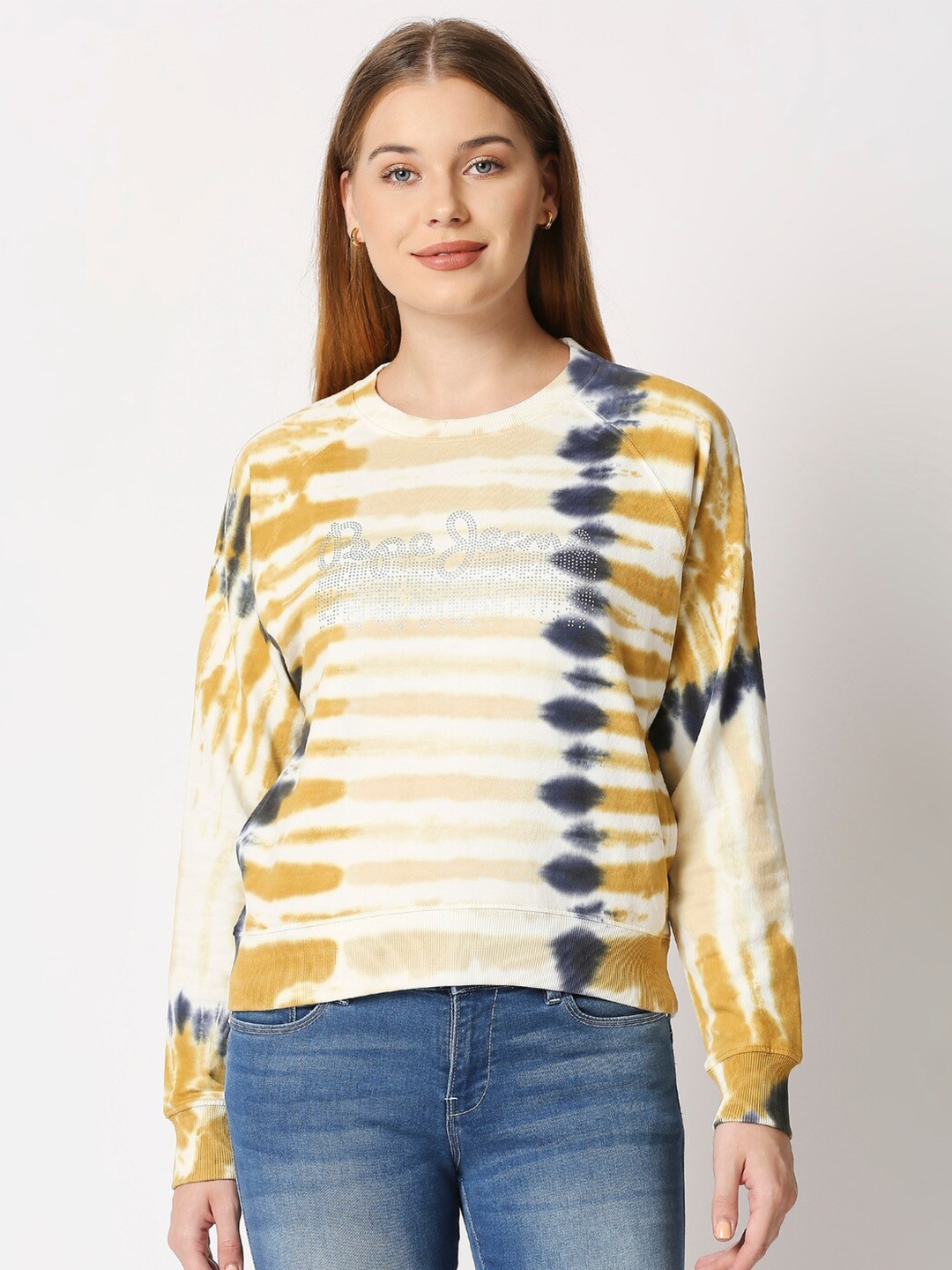 

Pepe Jeans Women Mustard Yellow & Navy Blue Tie & Dye Sweatshirt