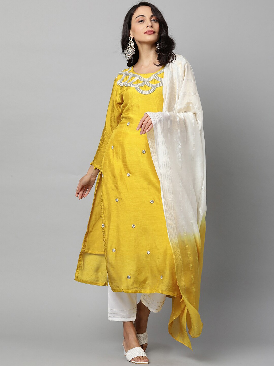 

FASHOR Women Yellow Embroidered Regular Beads and Stones Kurta with Trousers & With Dupatta