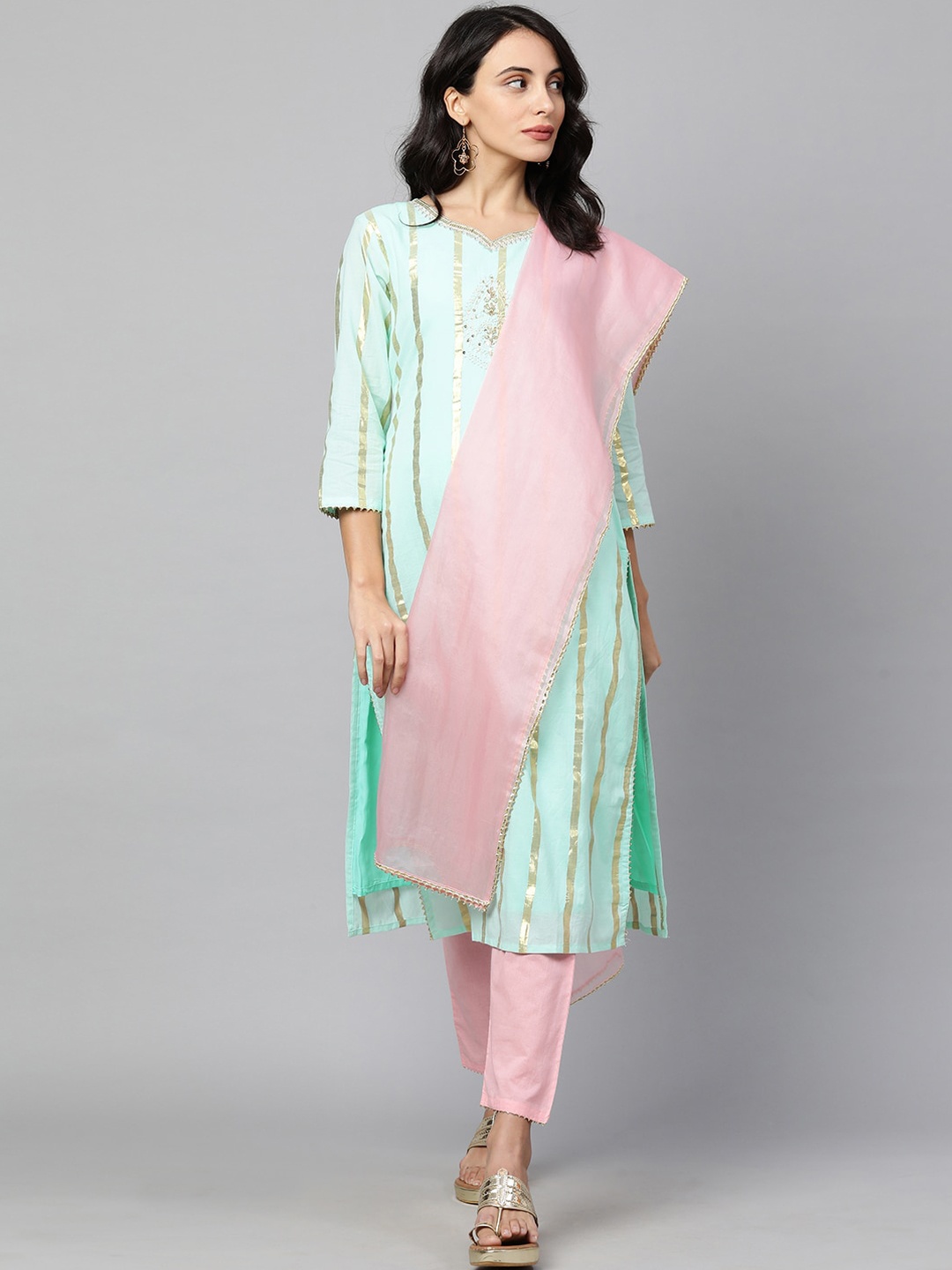 

FASHOR Women Sea Green & Pink Striped Regular Pure Cotton Kurta With Trousers & Dupatta