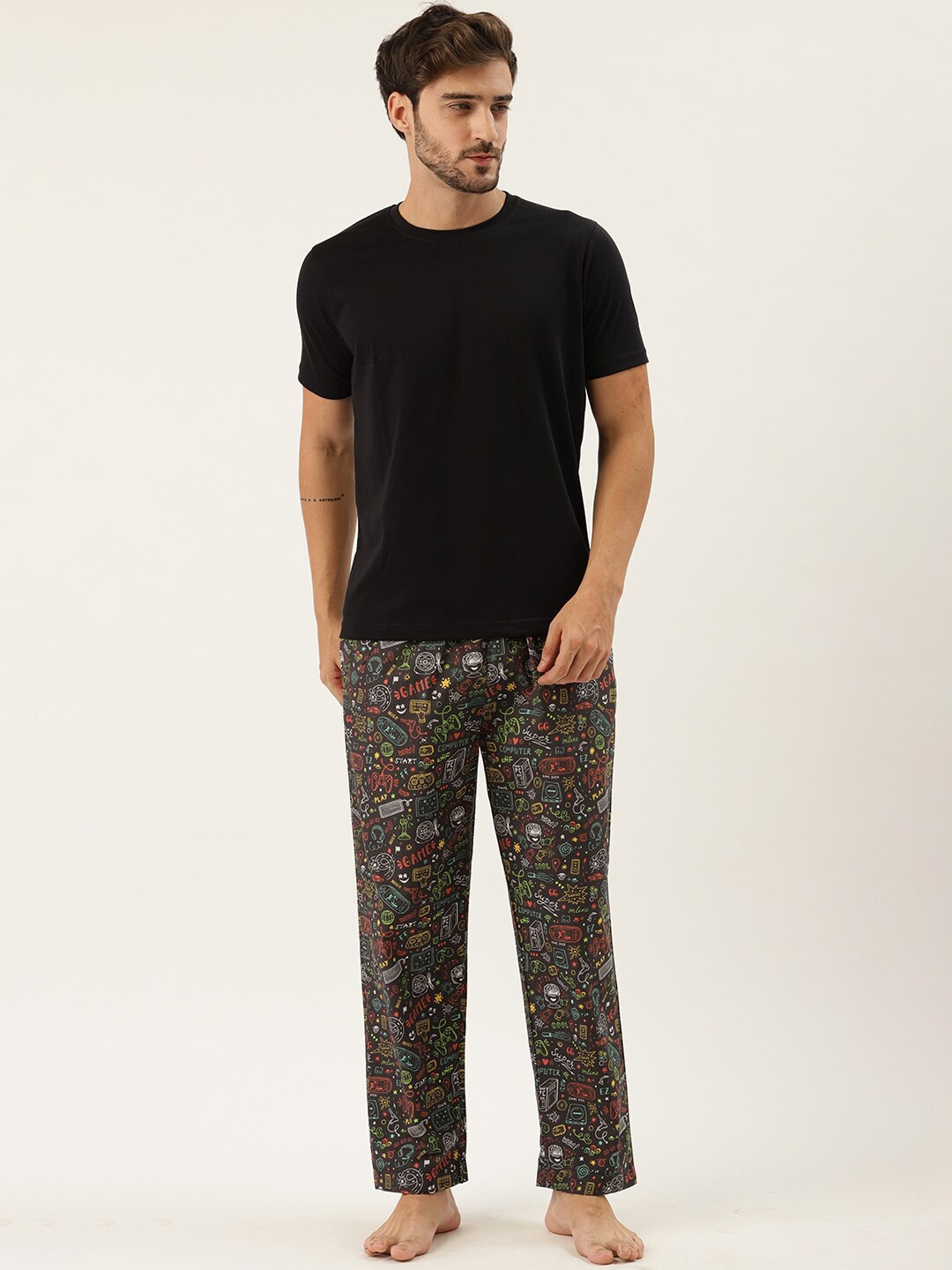 

Rapra The Label Men Black Cotton Graphic Printed Lounge Pants, Multi