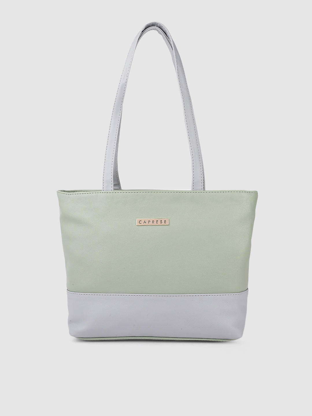 

Caprese Mint Green & Grey Colourblocked PU Structured Shoulder Bag