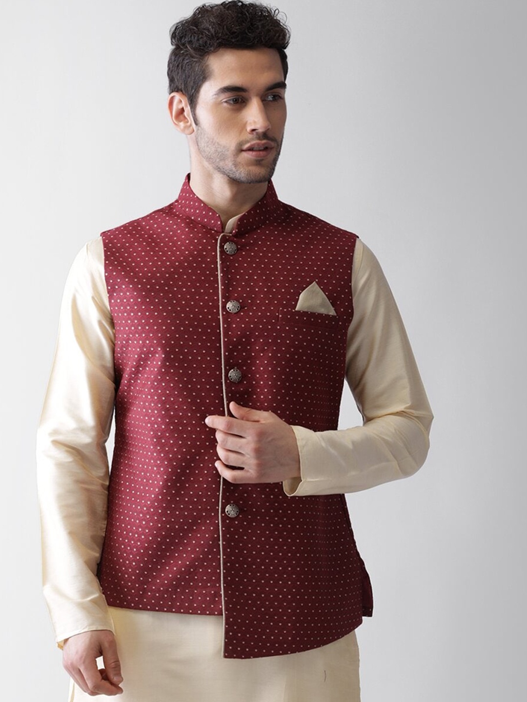 

KISAH Men Maroon Geometric Printed Nehru Jacket