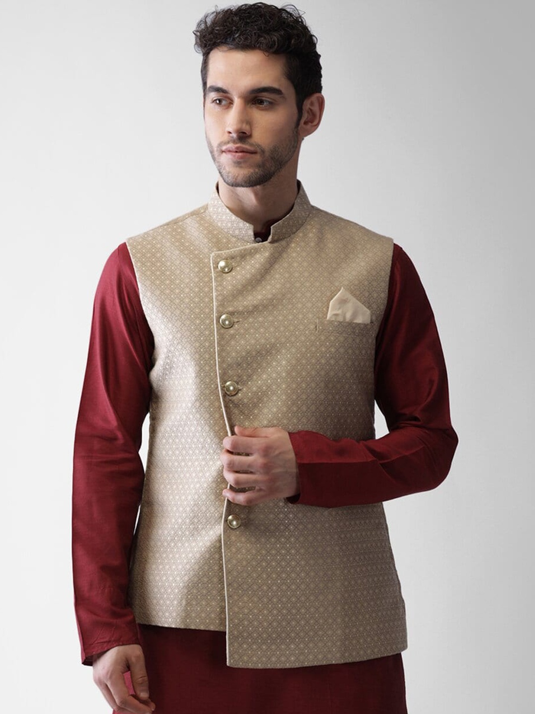 

KISAH Men Beige Printed Nehru Jacket
