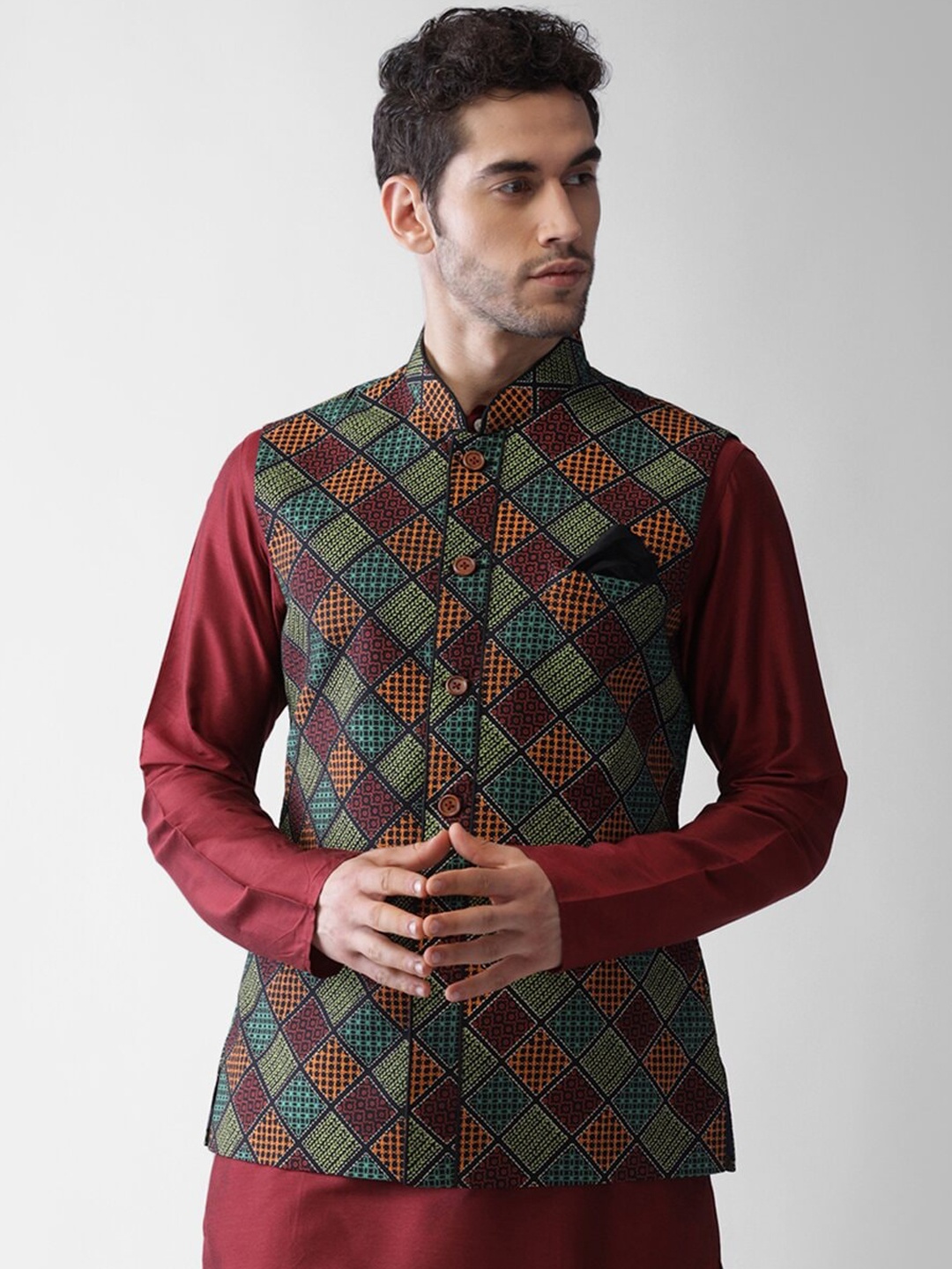 

KISAH Men Printed Zari Regular Fit Nehru Jacket, Red