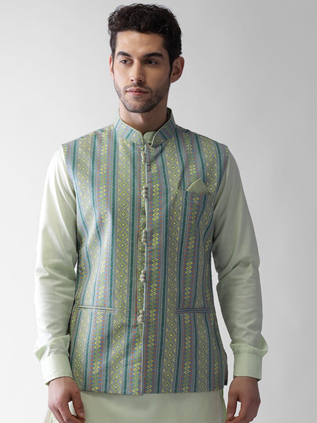 

KISAH Men Green Printed Nehru Jacket