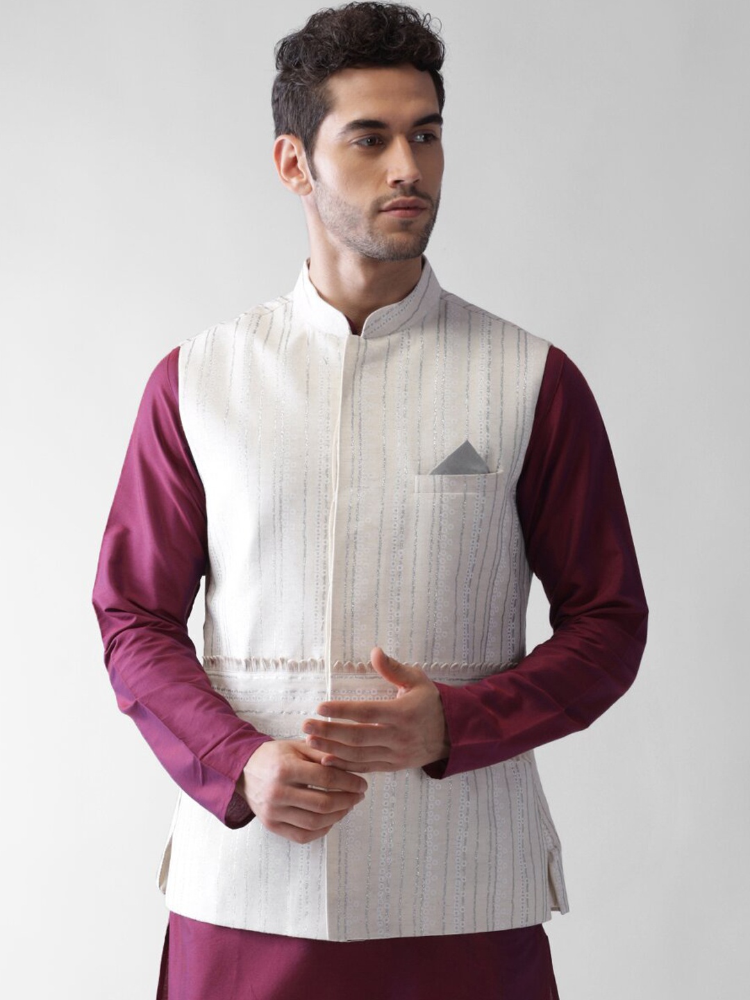 

KISAH Men Printed Zari Regular Fit Nehru Jacket, White