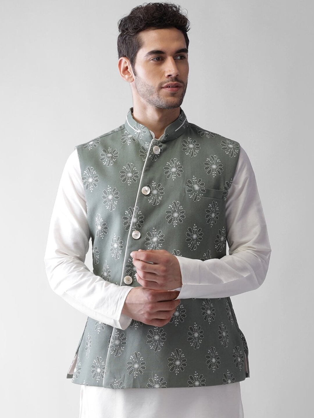 

KISAH Men Green Printed Nehru Jacket
