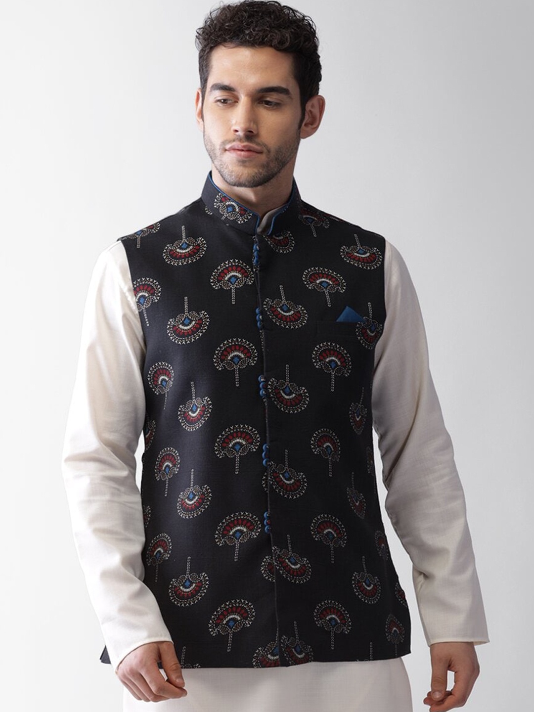 KISAH Men Black Printed Nehru Jacket