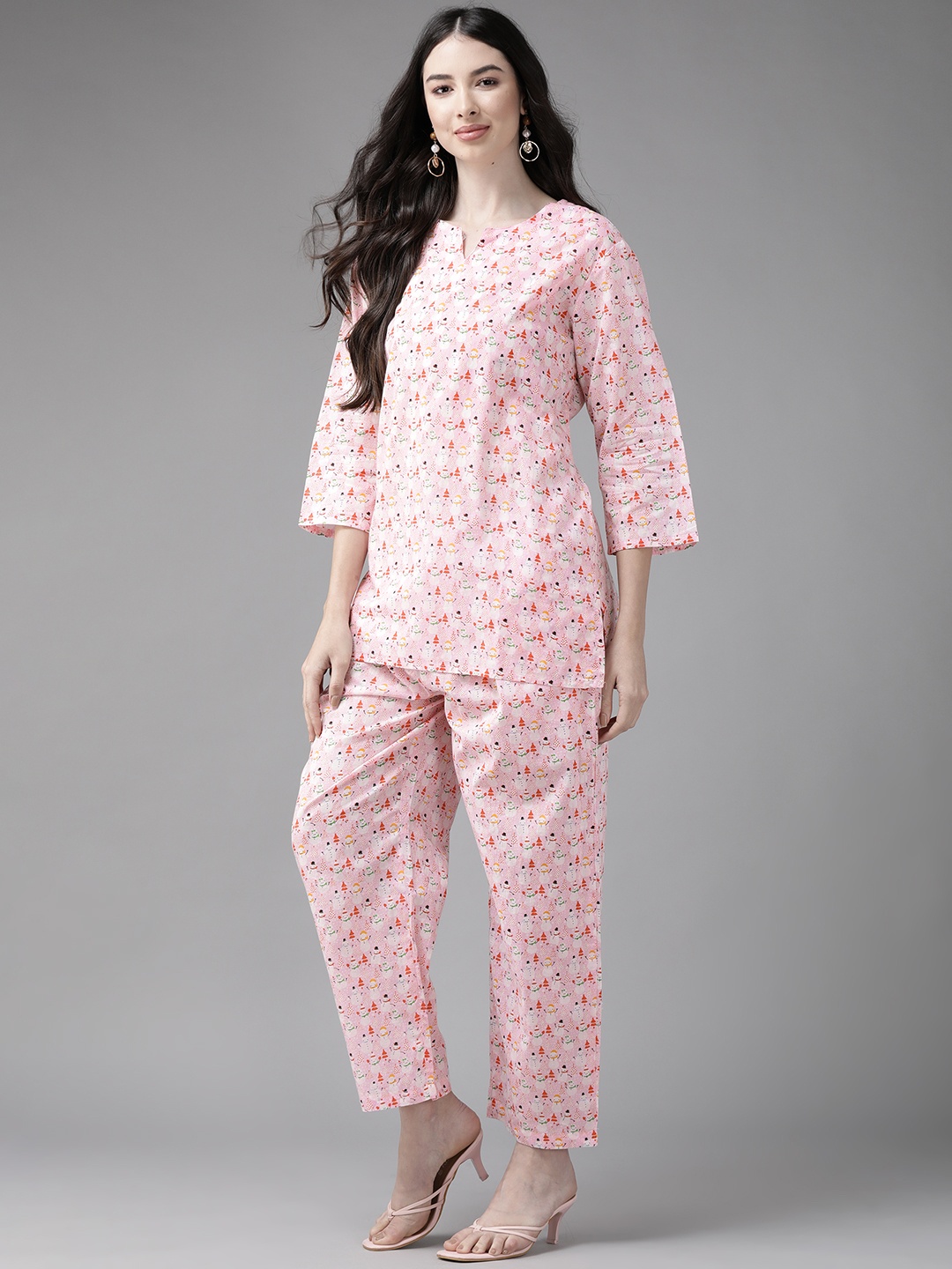 

Indo Era Women Pink Printed Regular Kurta with Trousers