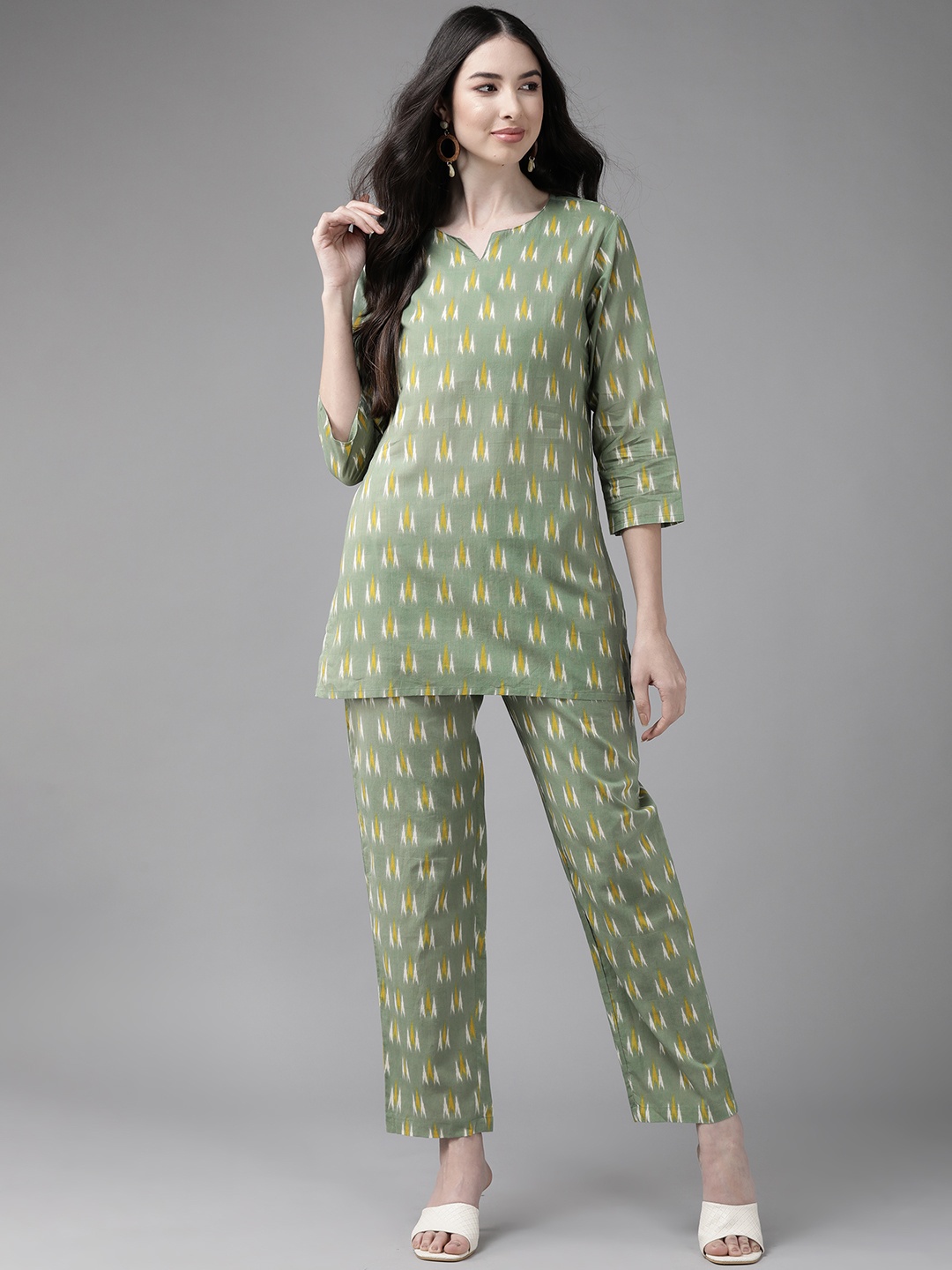 

Indo Era Women Sea Green Printed Regular Kurta with Trousers
