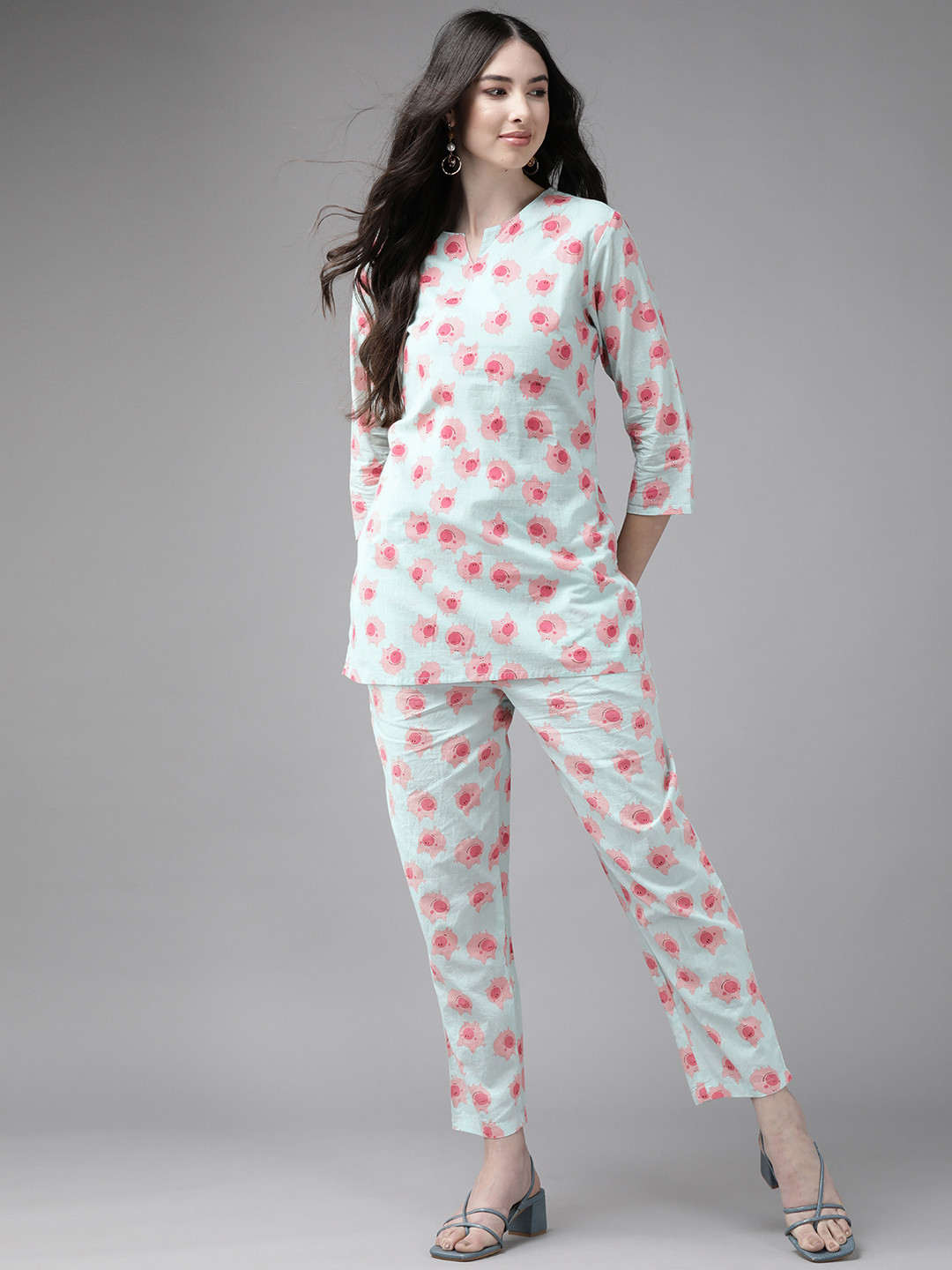 

Indo Era Women Blue Printed Regular Kurta with Trousers