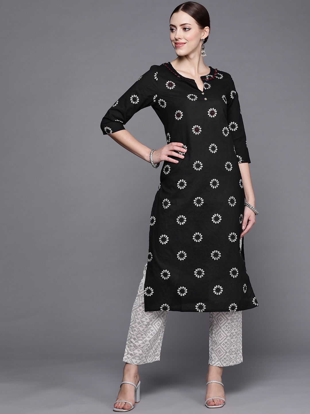 

Indo Era Women Black & White Ethnic Motifs Printed Kurta with Trousers