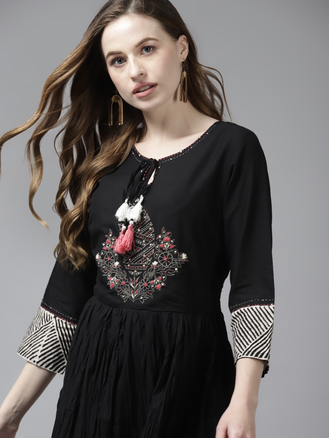 

Indo Era Black Floral Embroidered Ethnic Style Cotton Maxi Dress