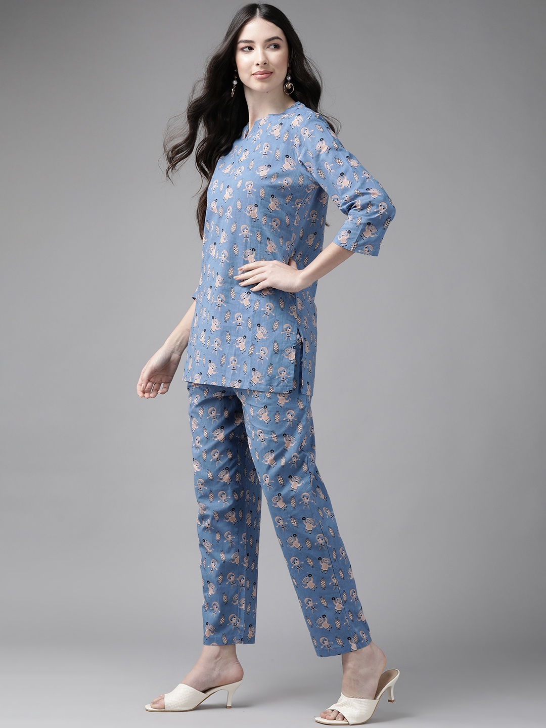 

Indo Era Women Blue Animal Printed Regular Kurta with Trousers