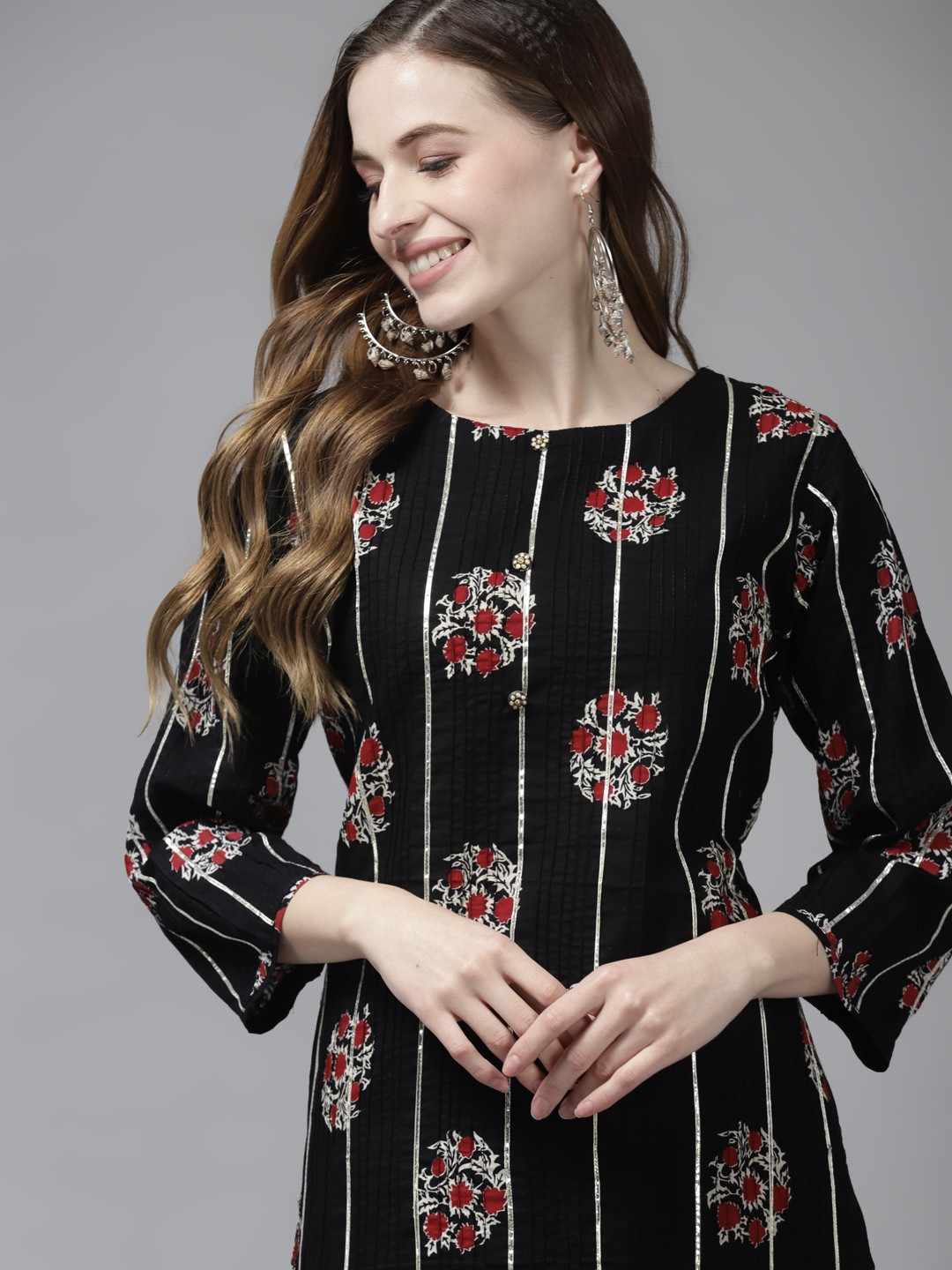 

Indo Era Women Black Floral Printed Kurta with Trousers